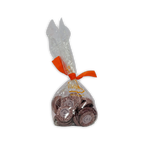 Clear bag of Guido Gobino Guatemala 70% chocolate disks tied with an orange ribbon bow
