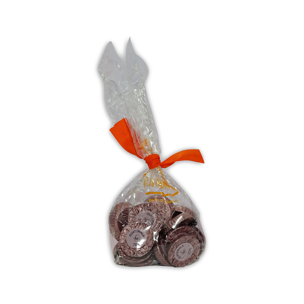 Clear bag of Guido Gobino Guatemala 70% chocolate disks tied with an orange ribbon bow