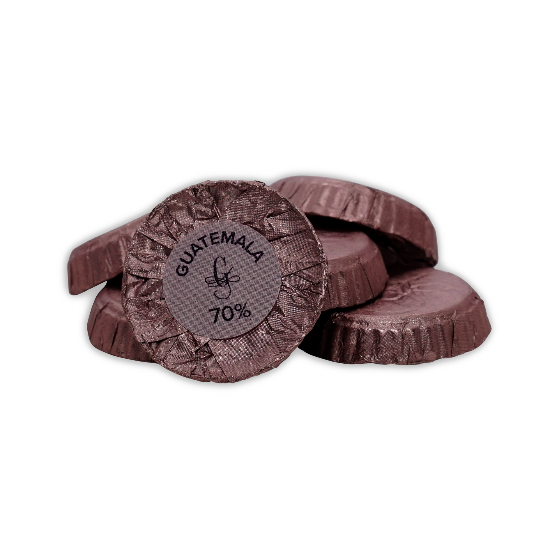 Stack of dark foil wrapped Guido Gobino chocolate disks, front label reads Guatemala 70%