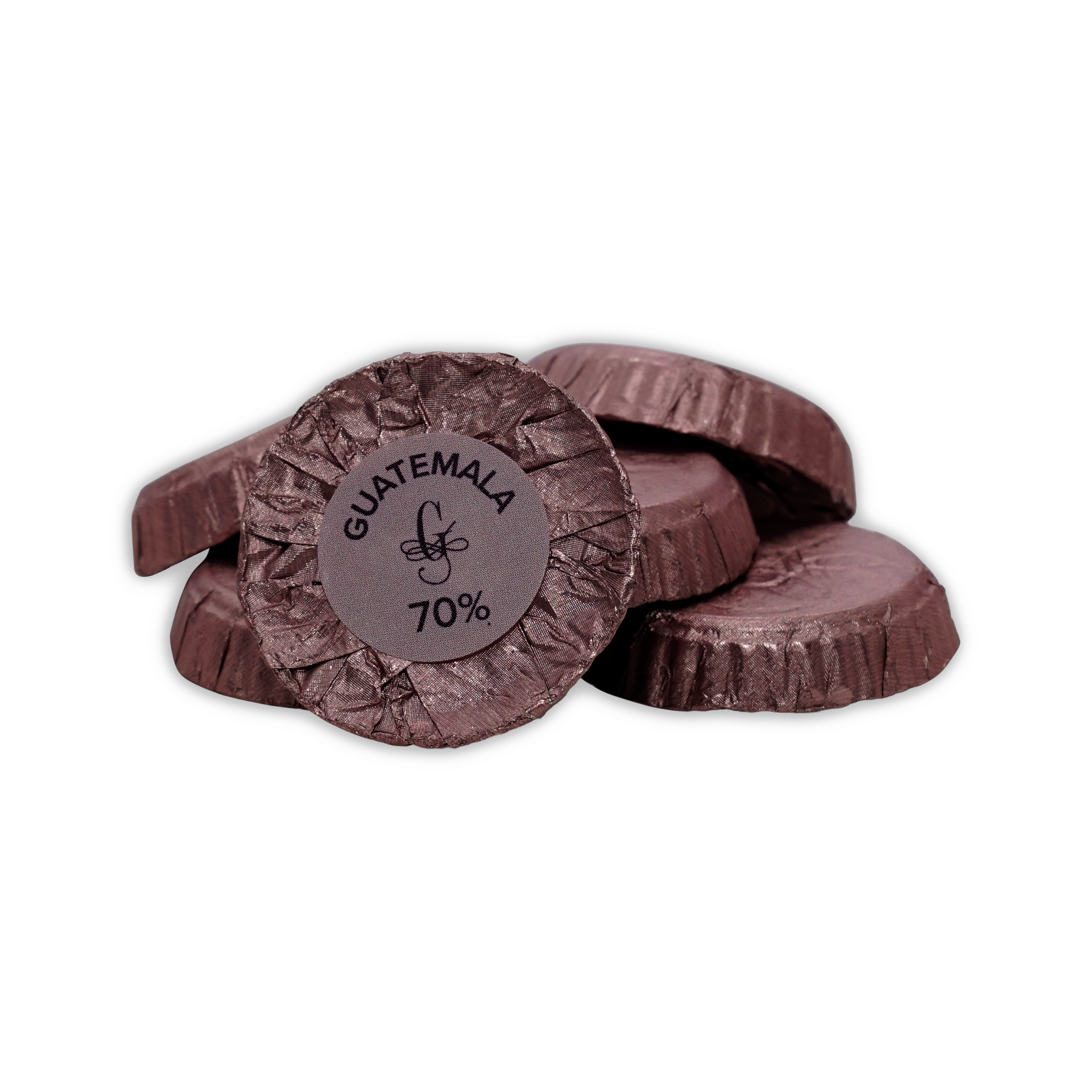 Stack of dark foil wrapped Guido Gobino chocolate disks, front label reads Guatemala 70%