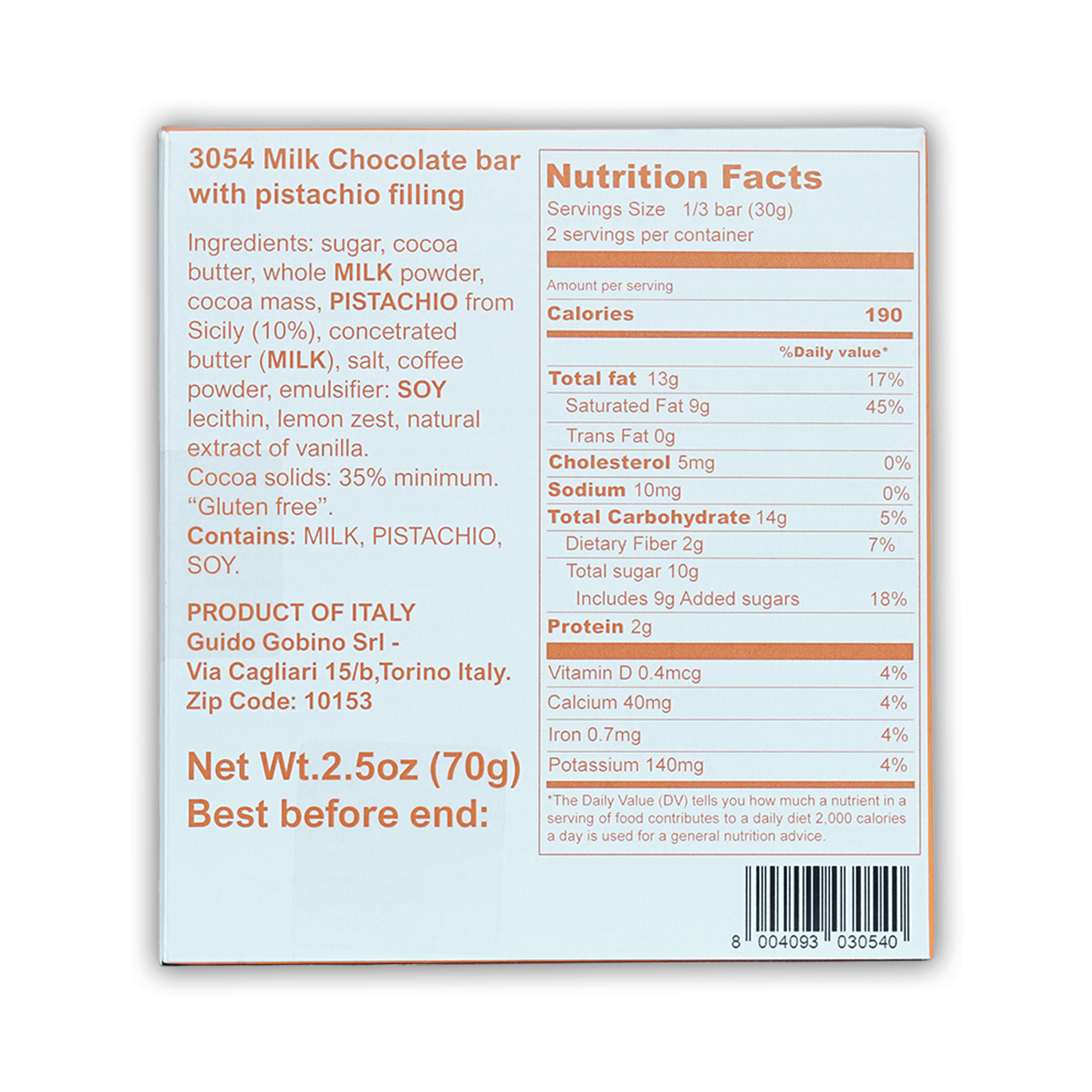 Guido Gobino 3054 milk chocolate pistachio praline bar back with nutrition