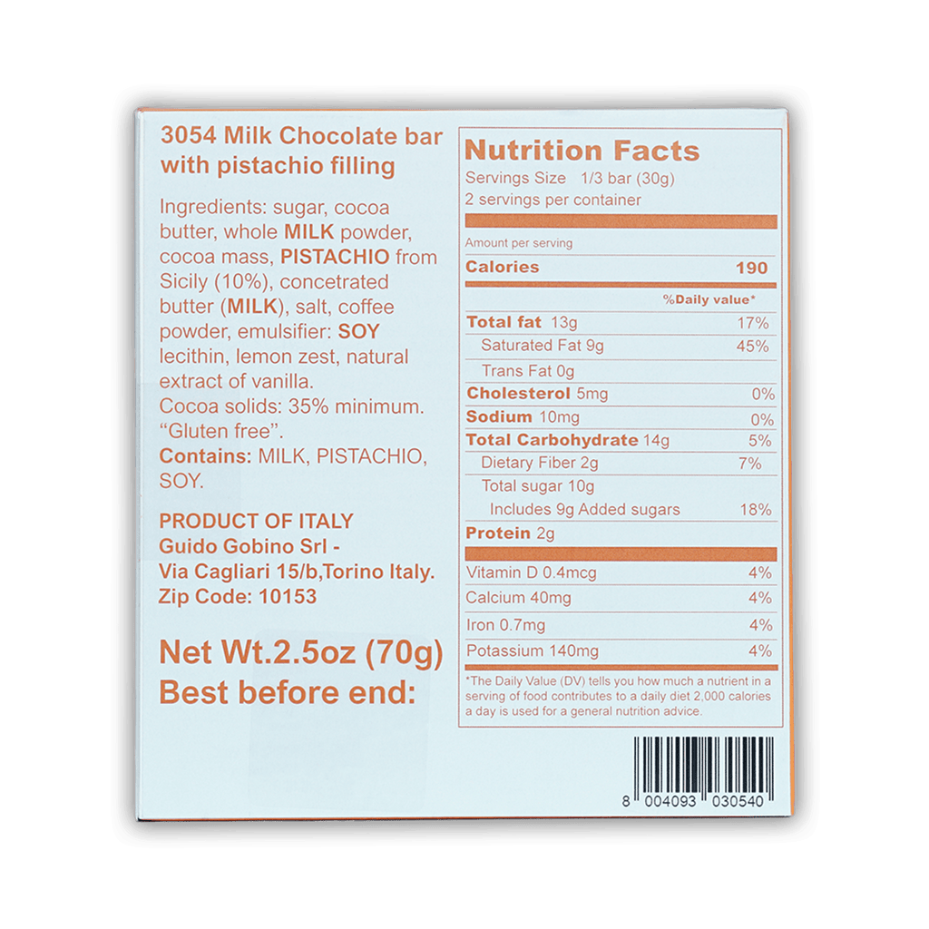 Guido Gobino 3054 milk chocolate pistachio praline bar back with nutrition