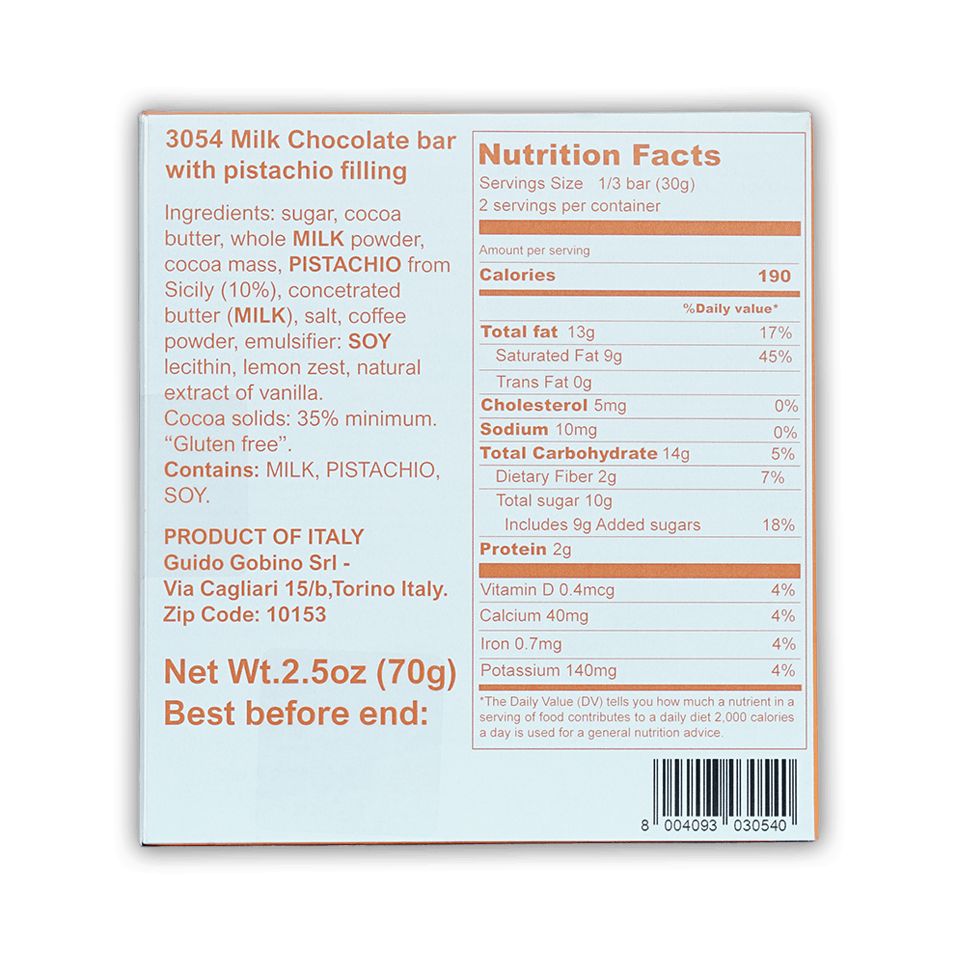 Guido Gobino 3054 milk chocolate pistachio praline bar back with nutrition
