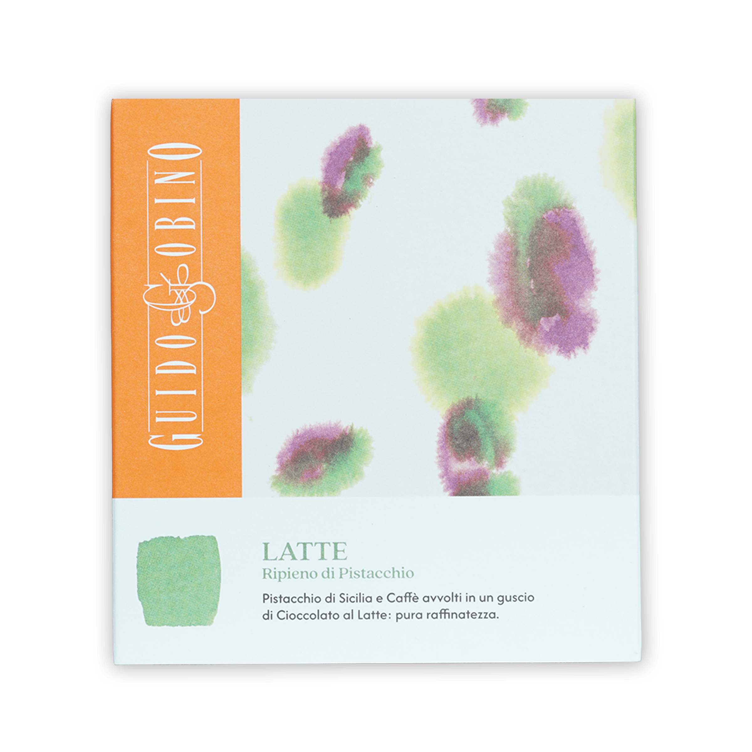 Guido Gobino milk chocolate bar with pistachio praline, white pack orange stripe splotches