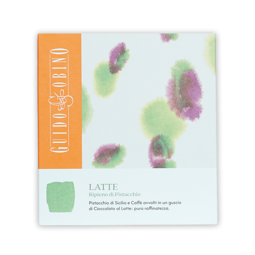 Guido Gobino milk chocolate bar with pistachio praline, white pack orange stripe splotches
