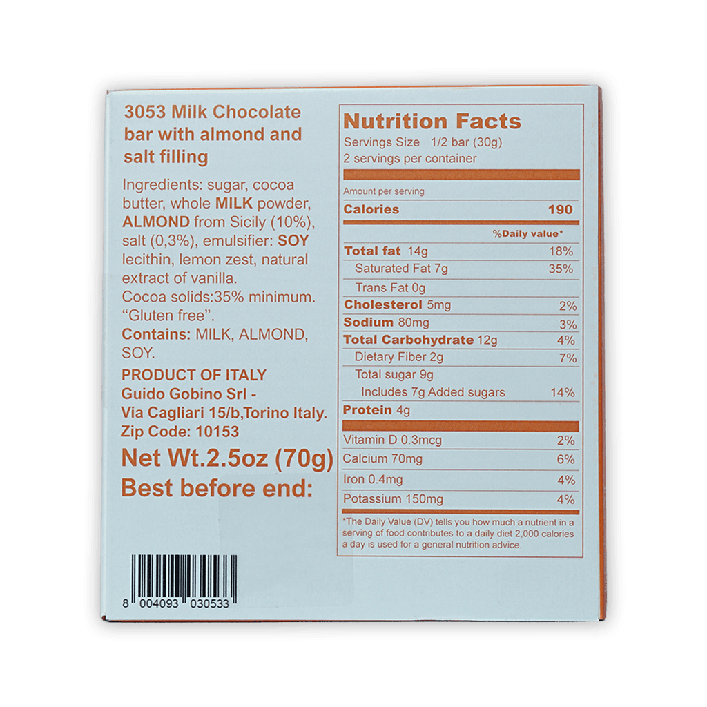Guido Gobino 3053 milk chocolate bar with salted almonds 35% box