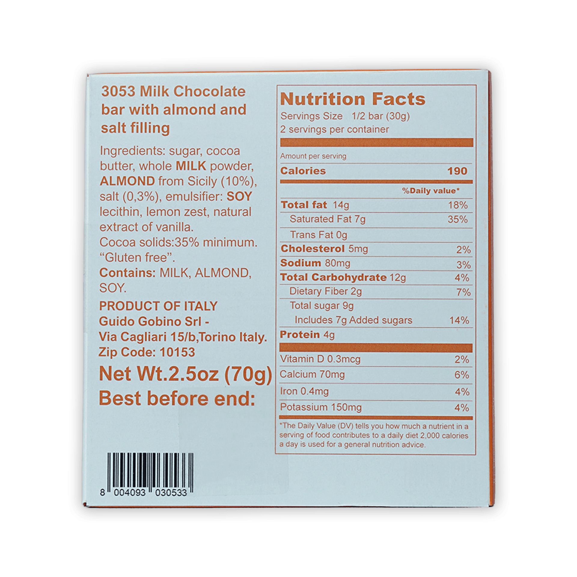 Guido Gobino 3053 milk chocolate bar with salted almonds 35% box