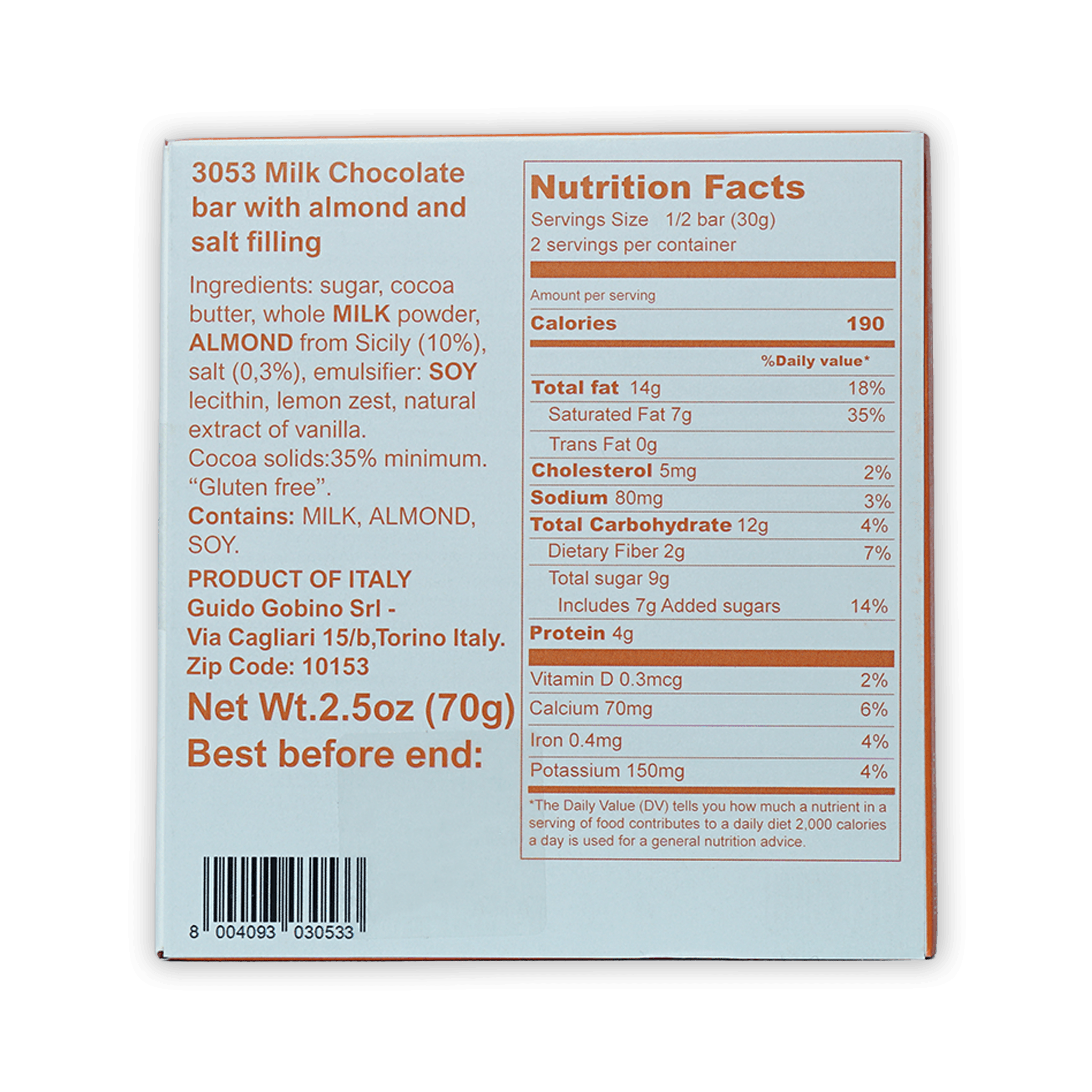 Guido Gobino 3053 milk chocolate bar with salted almonds 35% box