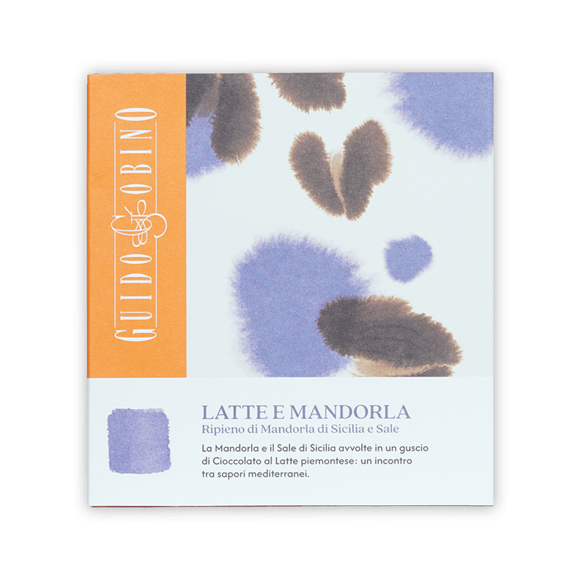 Guido Gobino Latte e Mandorla milk chocolate bar with salted almonds, purple packaging
