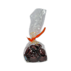 Clear bag of Guido Gobino foil wrapped chocolate disks tied with an orange ribbon bow