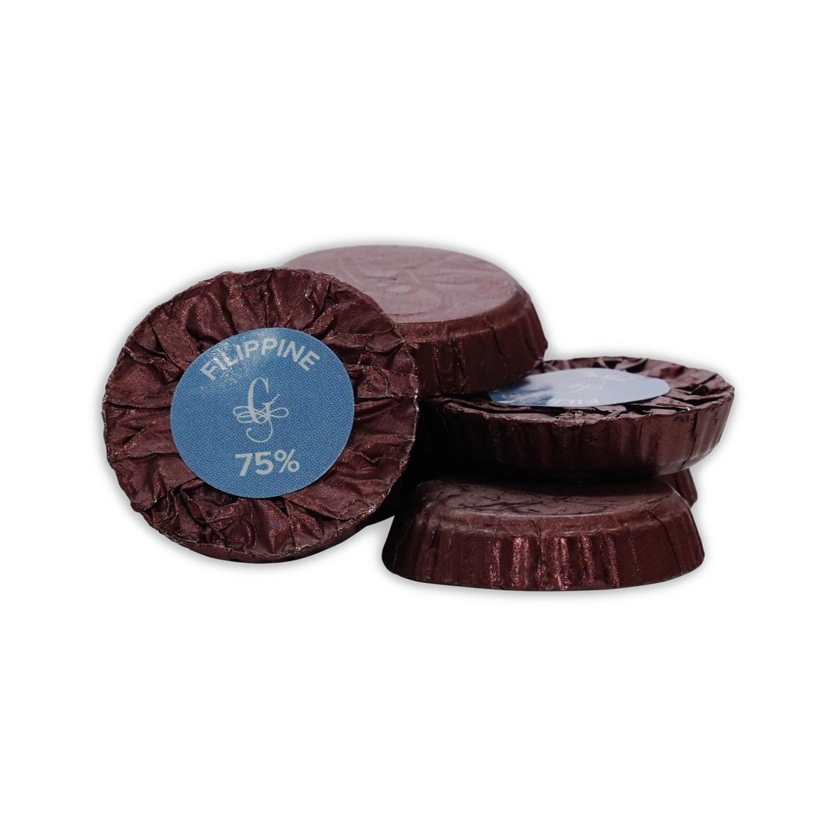 Stack of burgundy foil wrapped Guido Gobino chocolate disks, front label reads Filippine 75%