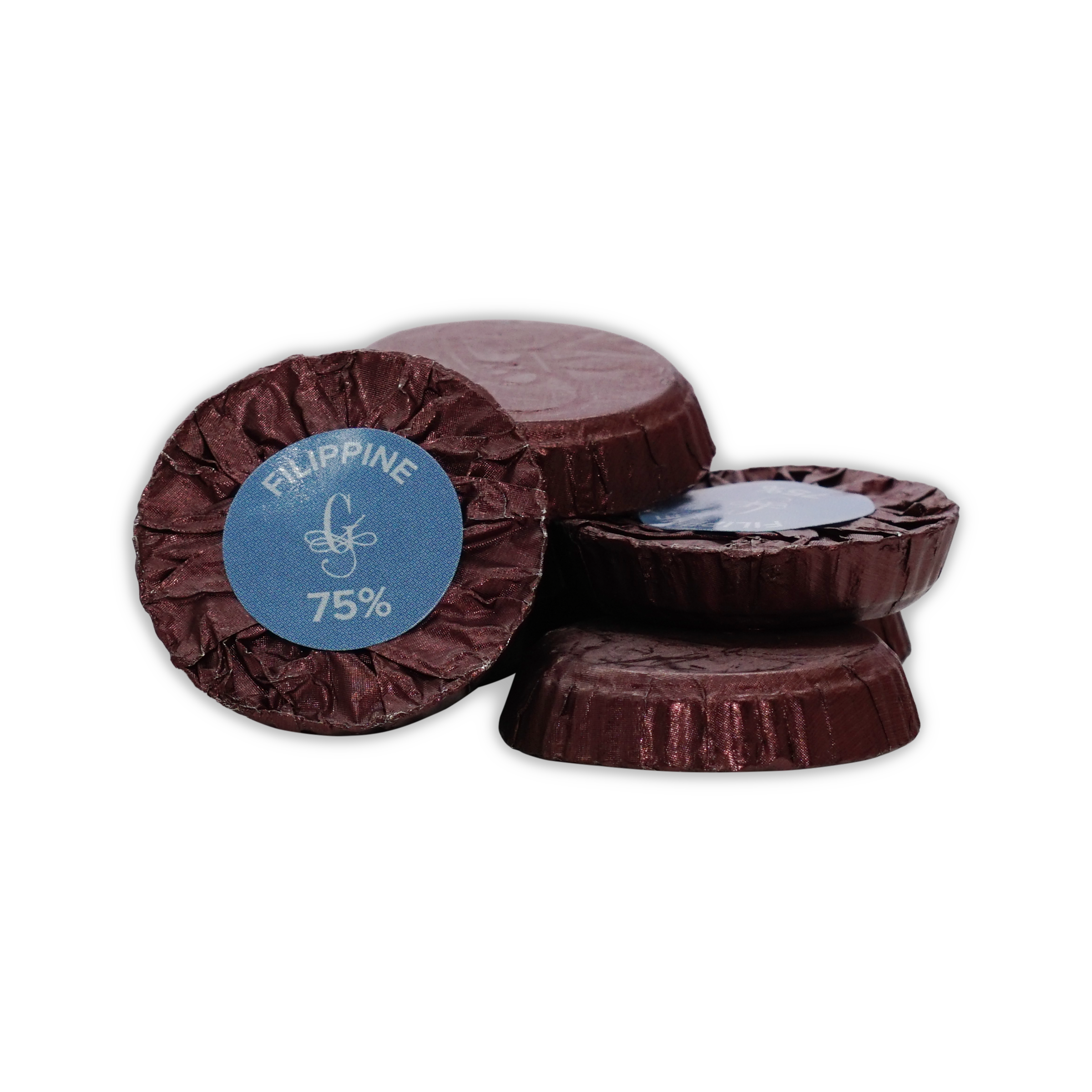 Stack of burgundy foil wrapped Guido Gobino chocolate disks, front label reads Filippine 75%