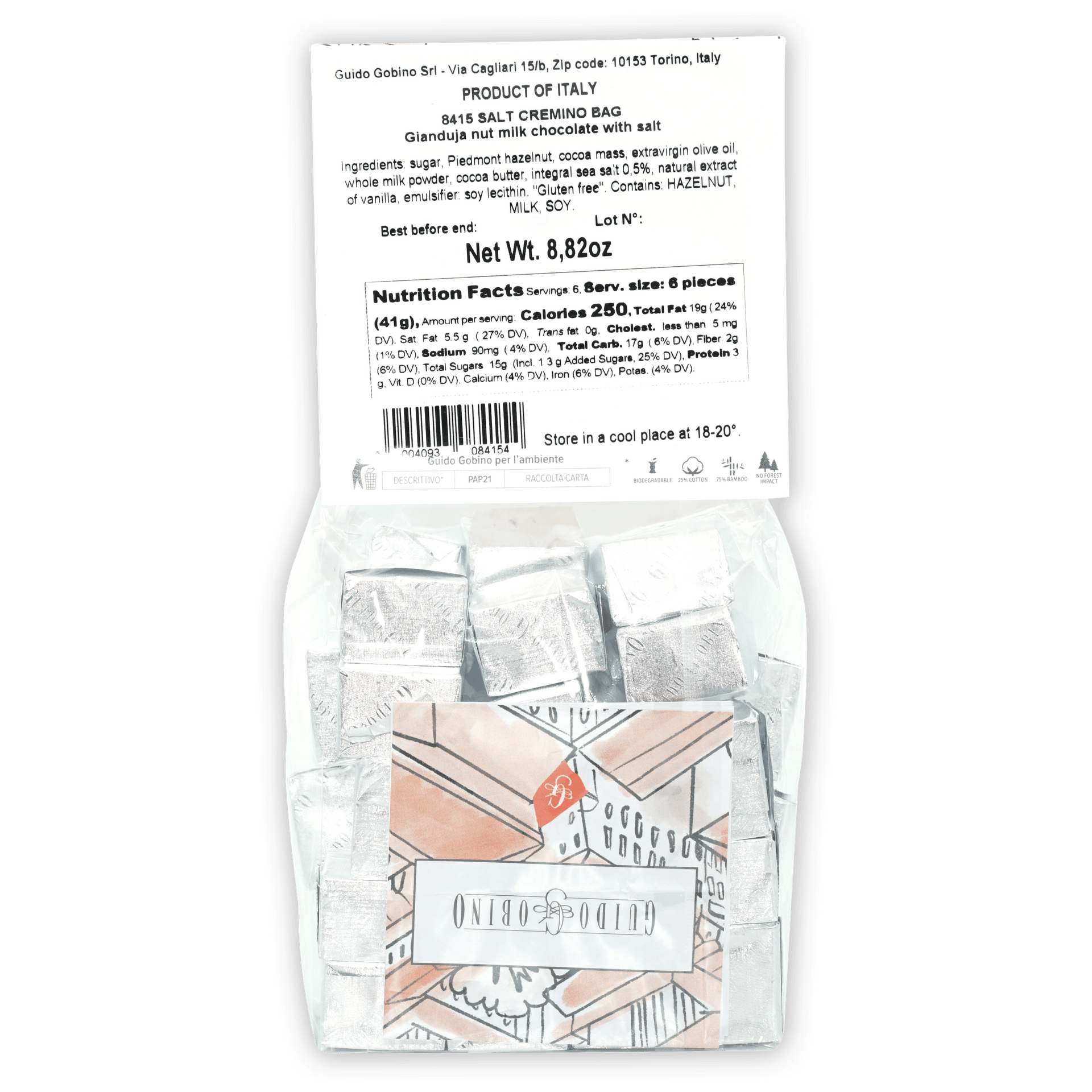 Guido Gobino Sea Salt Cremino Bag with 6 wrapped 8415 squares