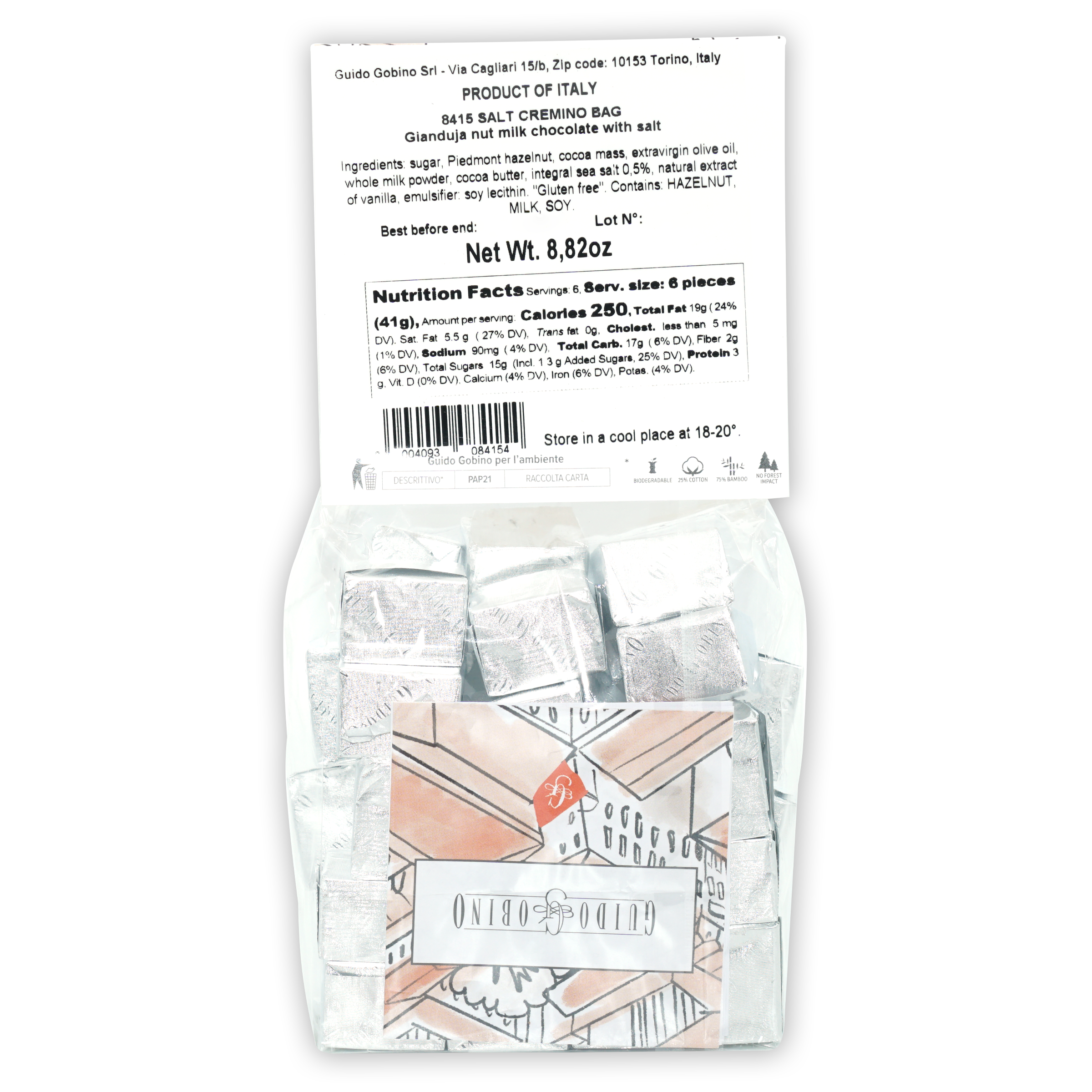 Guido Gobino Sea Salt Cremino Bag with 6 wrapped 8415 squares