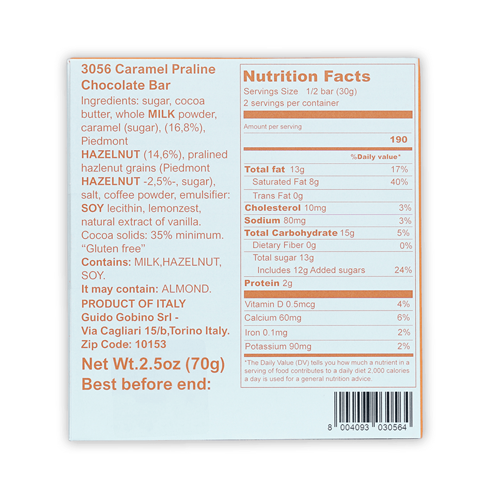Guido Gobino white caramel praline chocolate bar 35% back with nutrition facts