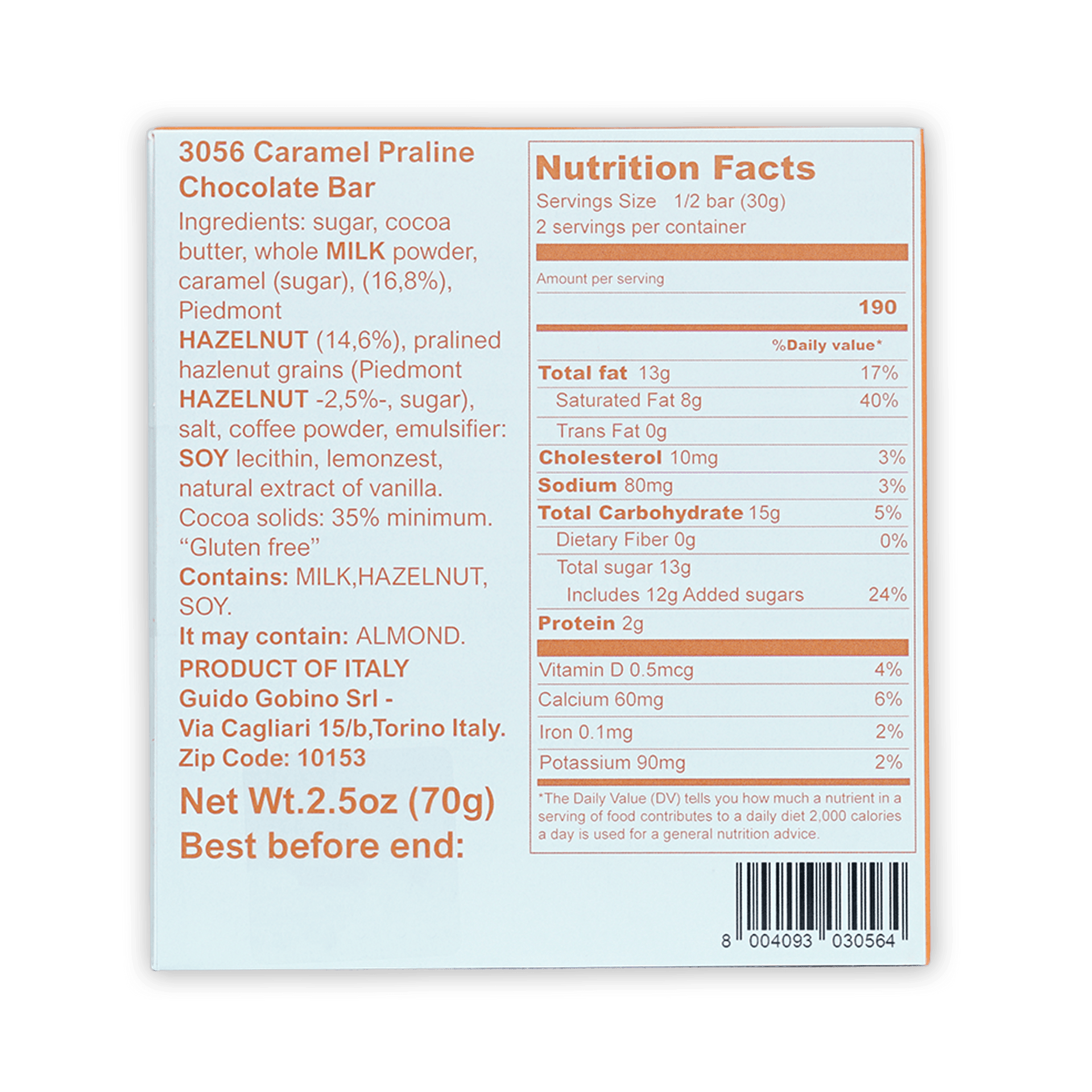 Guido Gobino white caramel praline chocolate bar 35% back with nutrition facts