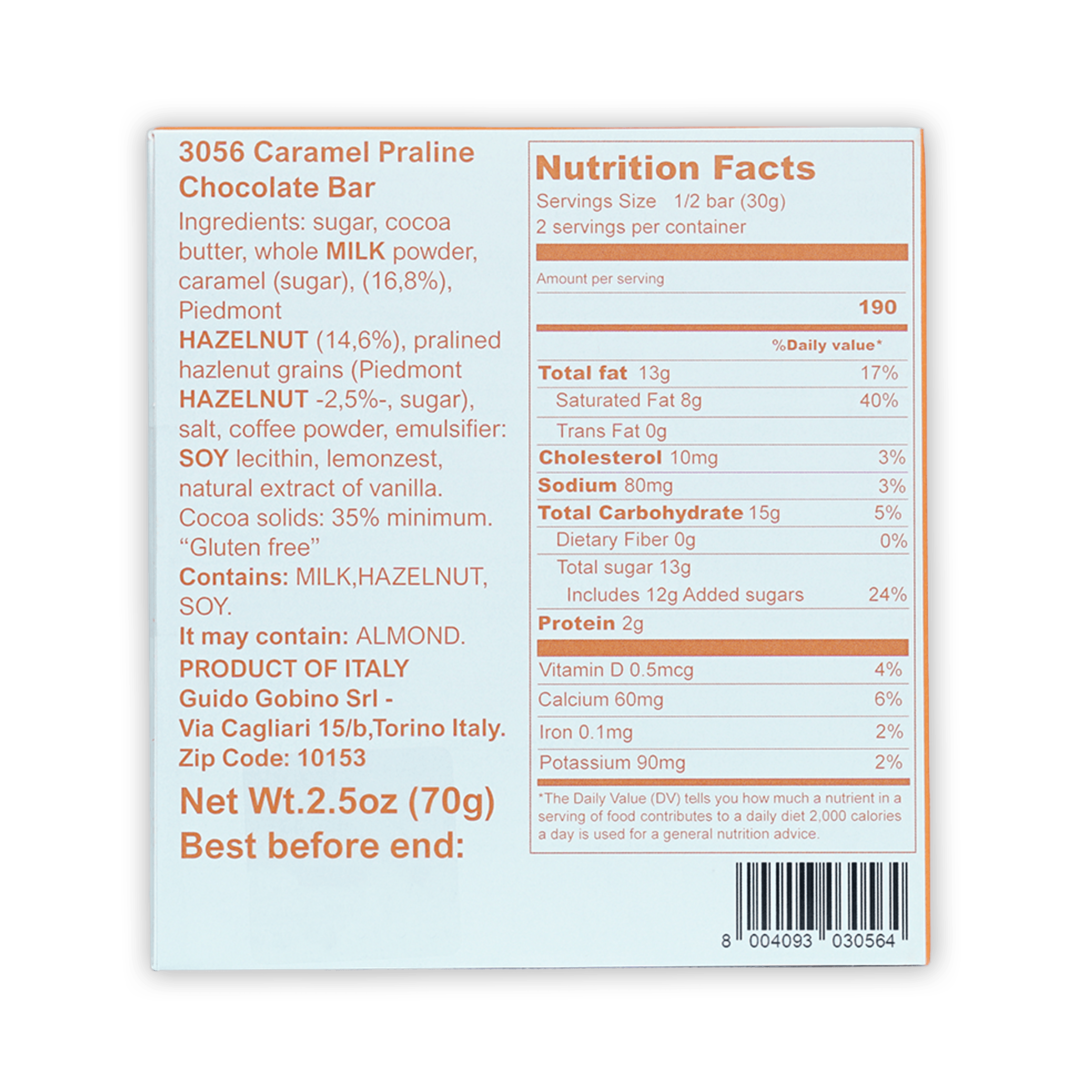 Guido Gobino white caramel praline chocolate bar 35% back with nutrition facts