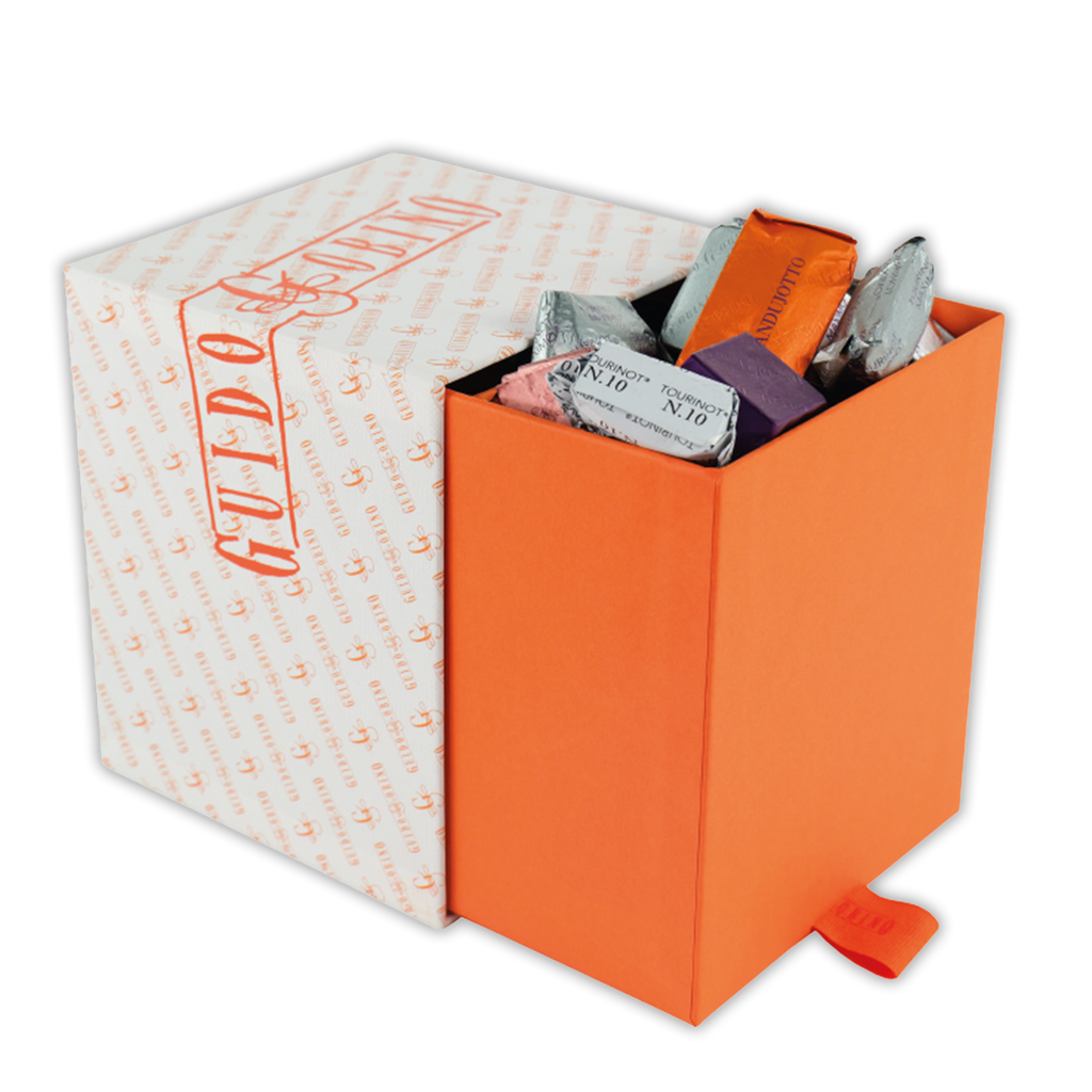Guido Gobino large assorted chocolate cube gift box, 70 pcs, orange with anchors