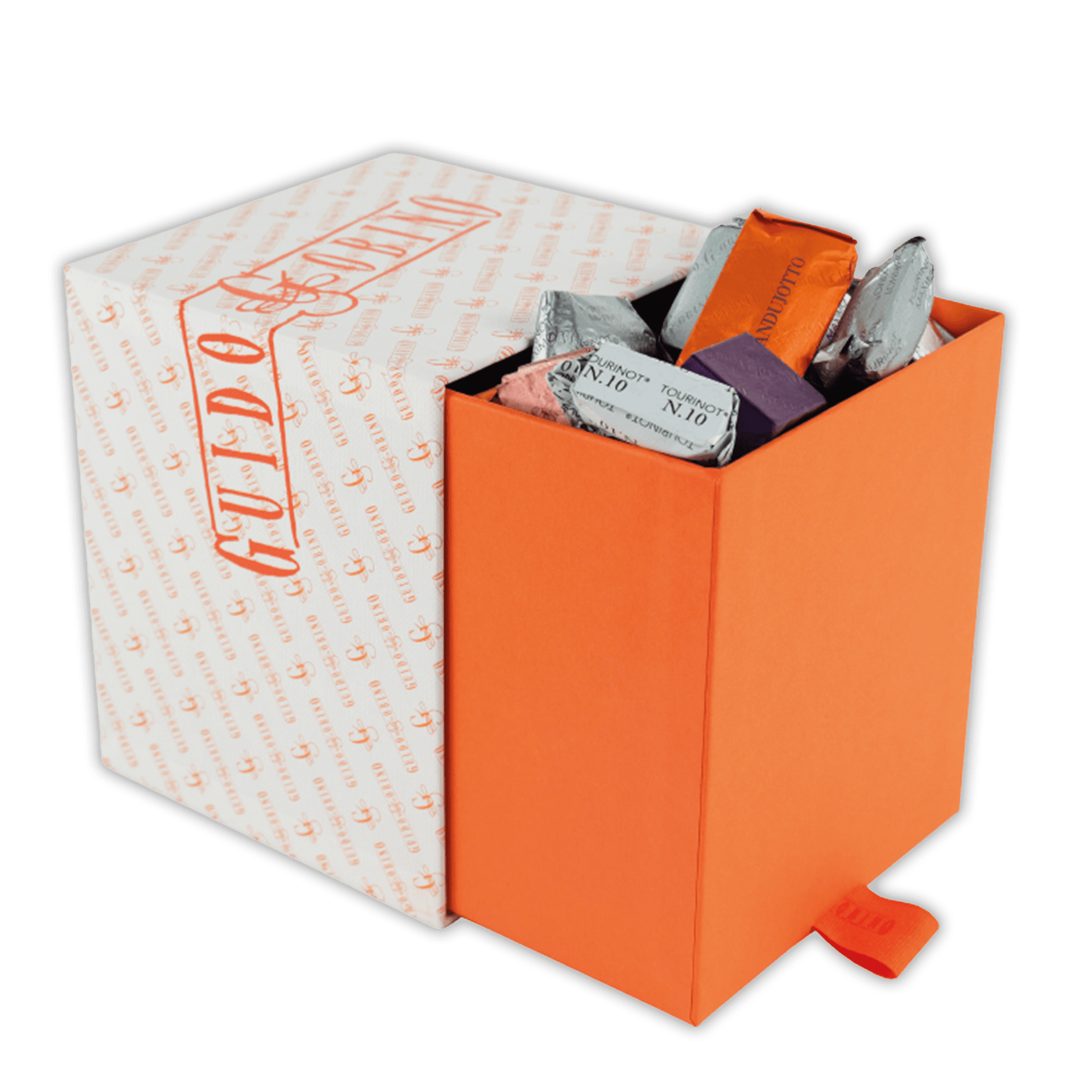 Guido Gobino large assorted chocolate cube gift box, 70 pcs, orange with anchors
