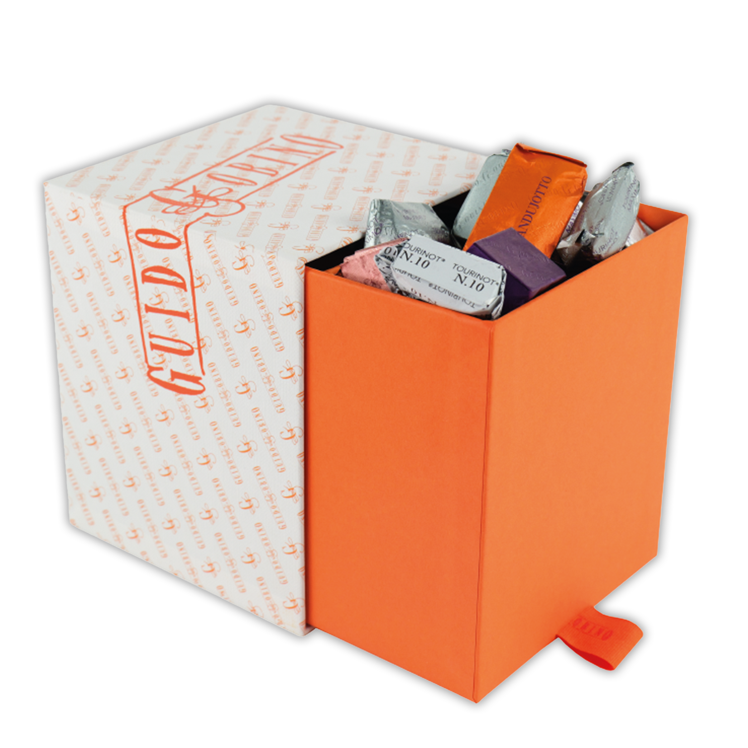 Guido Gobino large assorted chocolate cube gift box, 70 pcs, orange with anchors