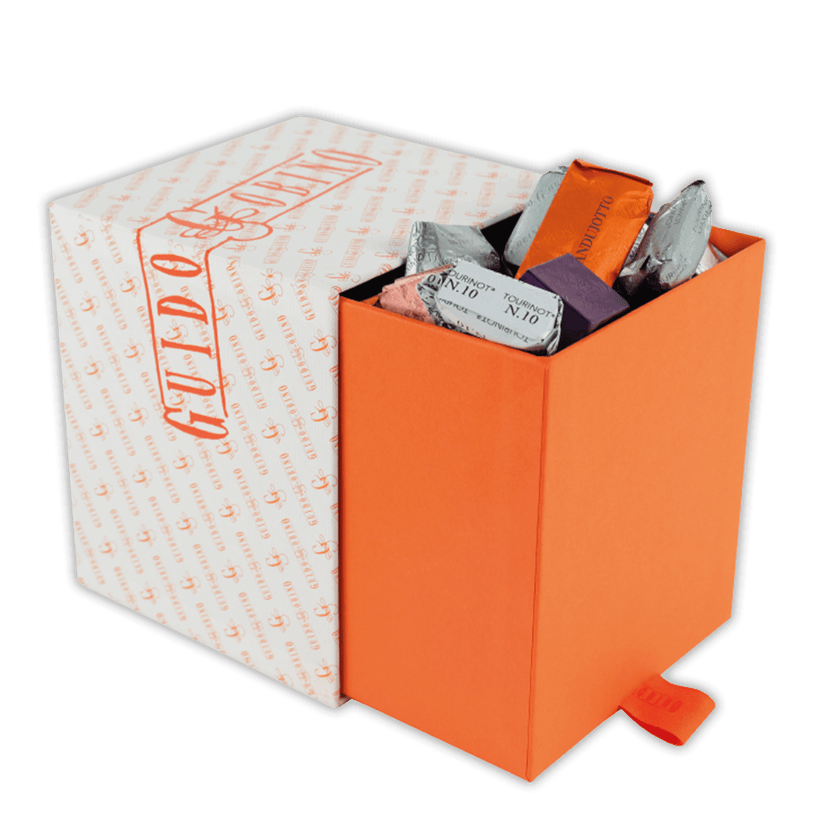 Guido Gobino large assorted chocolate cube gift box, 70 pcs, orange with anchors