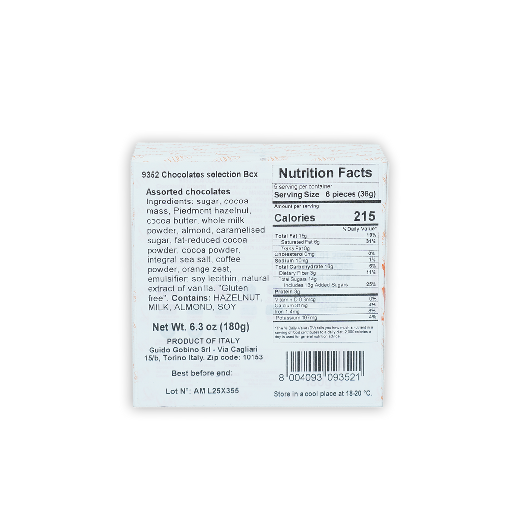 Back of Guido Gobino assorted chocolate cube gift small box 25 pcs with nutritional info