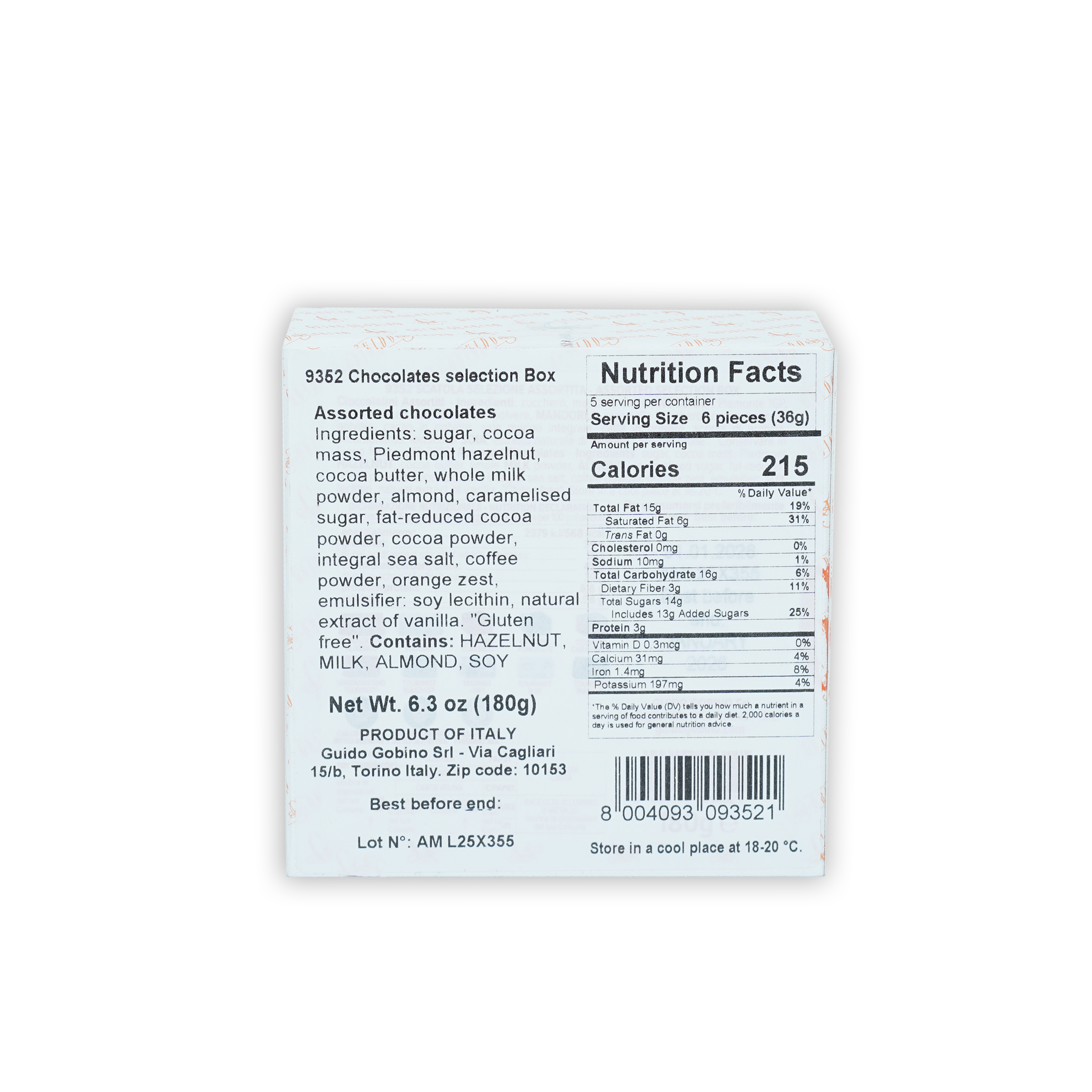 Back of Guido Gobino assorted chocolate cube gift small box 25 pcs with nutritional info