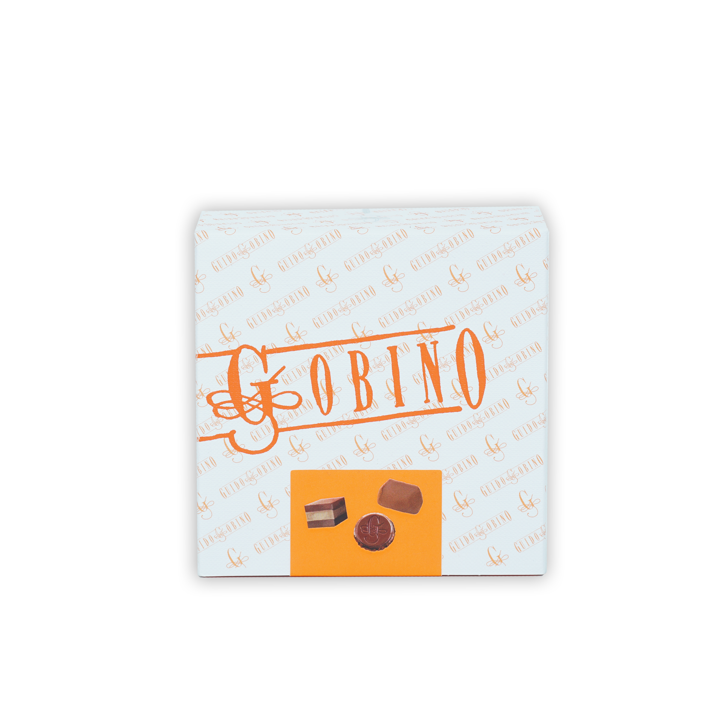 Guido Gobino assorted chocolate cube gift small box, 25 pcs, white with orange branding