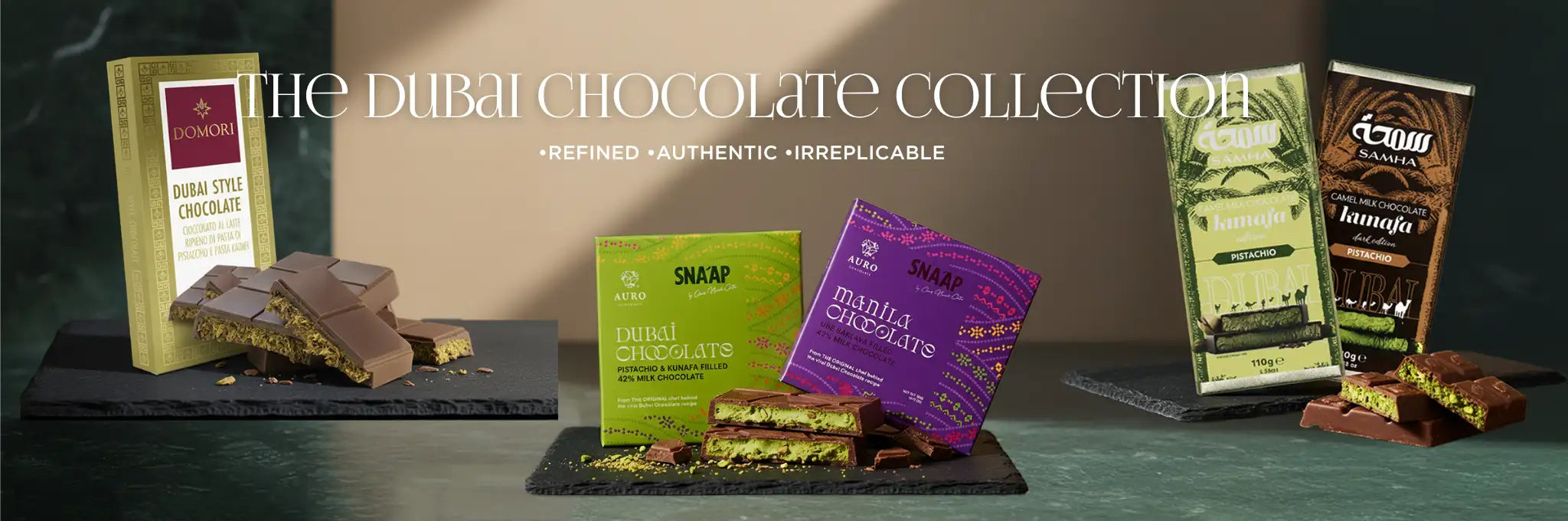 The dubai chocolate collection features an array of artisanal chocolate bars in vibrant, colorful packaging with distinct designs and flavors.