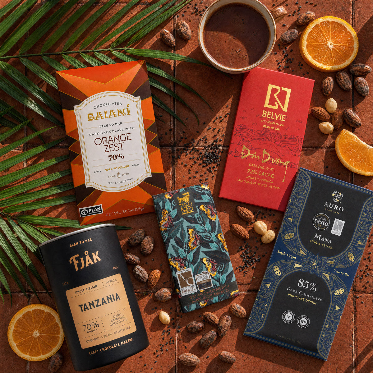 Her Craft dark chocolate gift bundle, bars and drinking chocolate with orange slices.