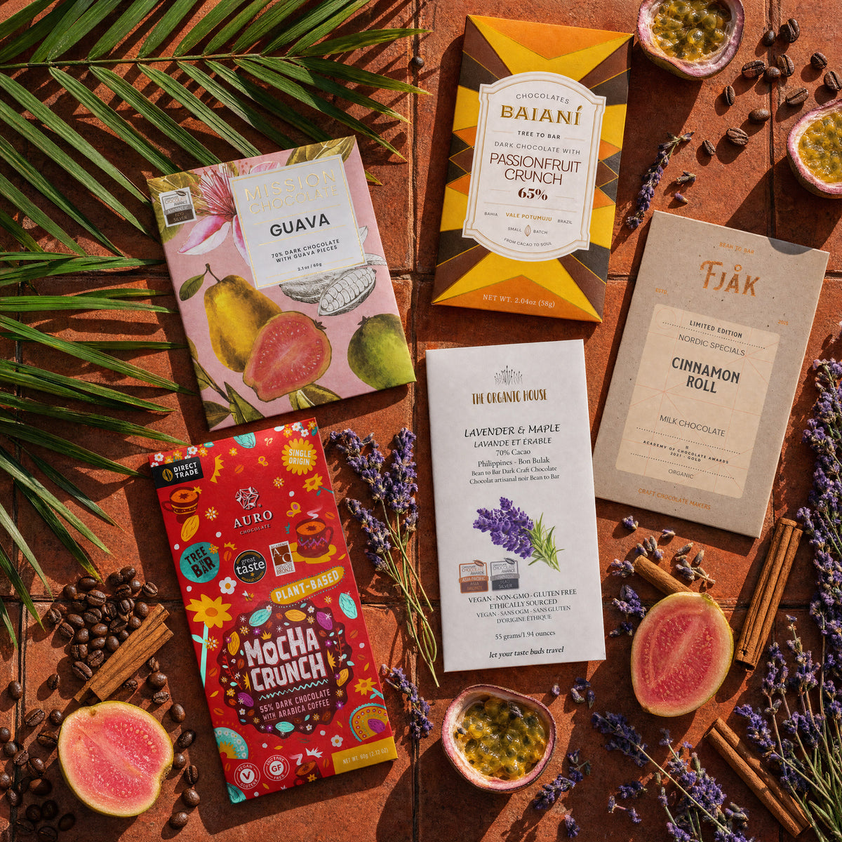 Her Craft mixed chocolate gift bundle, five bars with guava, passion fruit and lavender.
