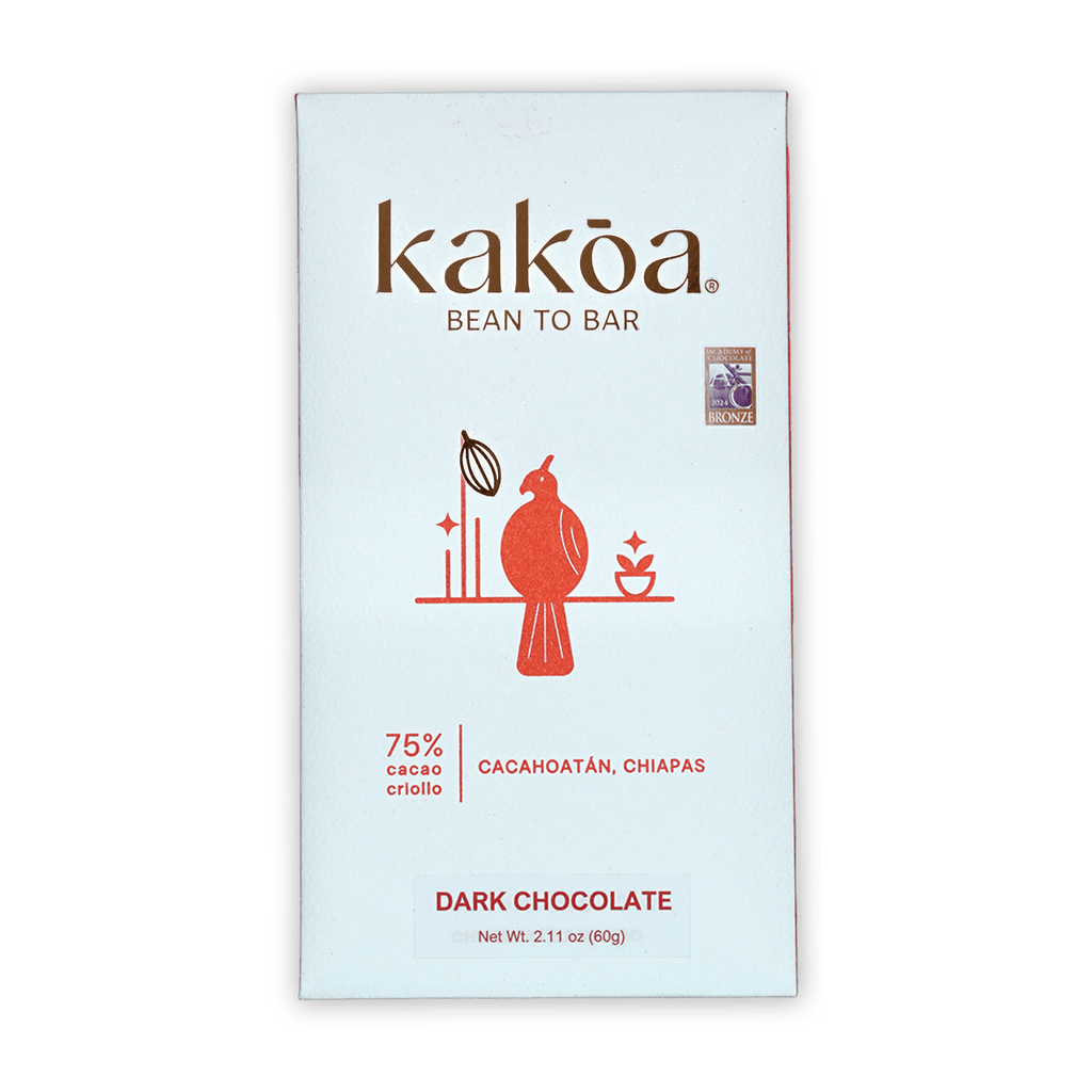 Kakoa Dark Chocolate Criollo Cacahoatan 75% white package with red bird illustration