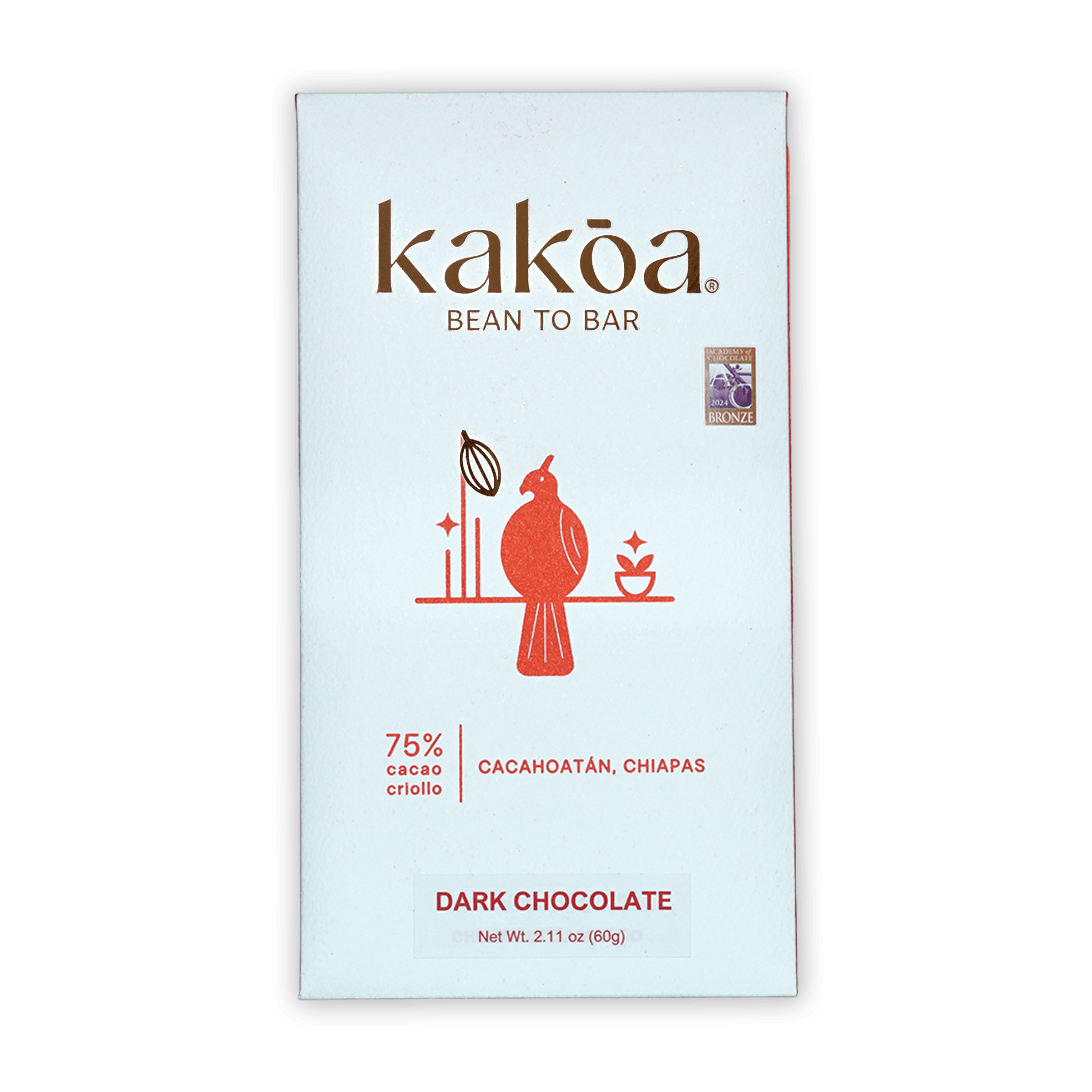 Kakoa Dark Chocolate Criollo Cacahoatan 75% white package with red bird illustration
