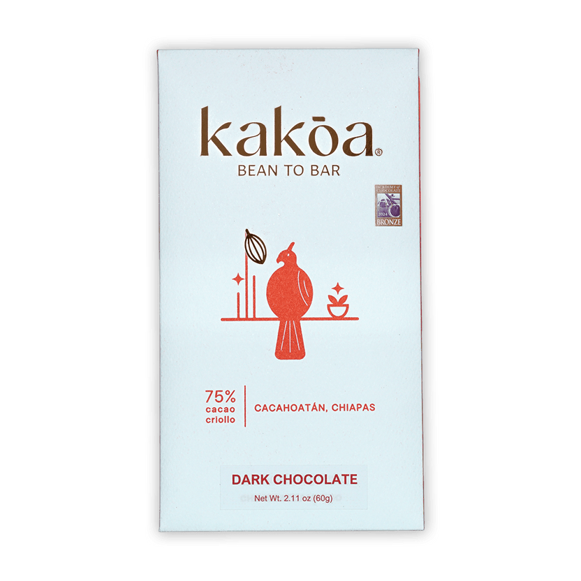 Kakoa Dark Chocolate Criollo Cacahoatan 75% white package with red bird illustration