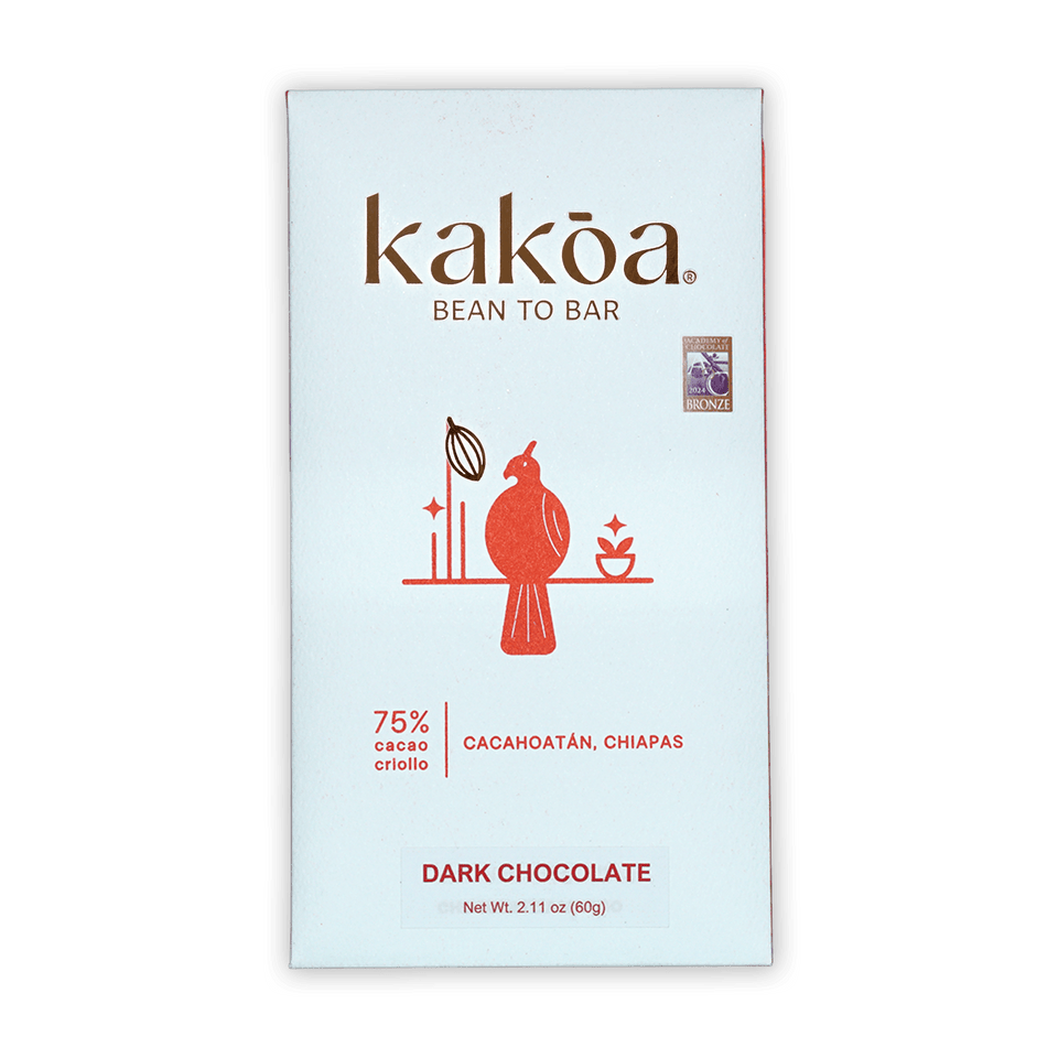 Kakoa Dark Chocolate Criollo Cacahoatan 75% white package with red bird illustration
