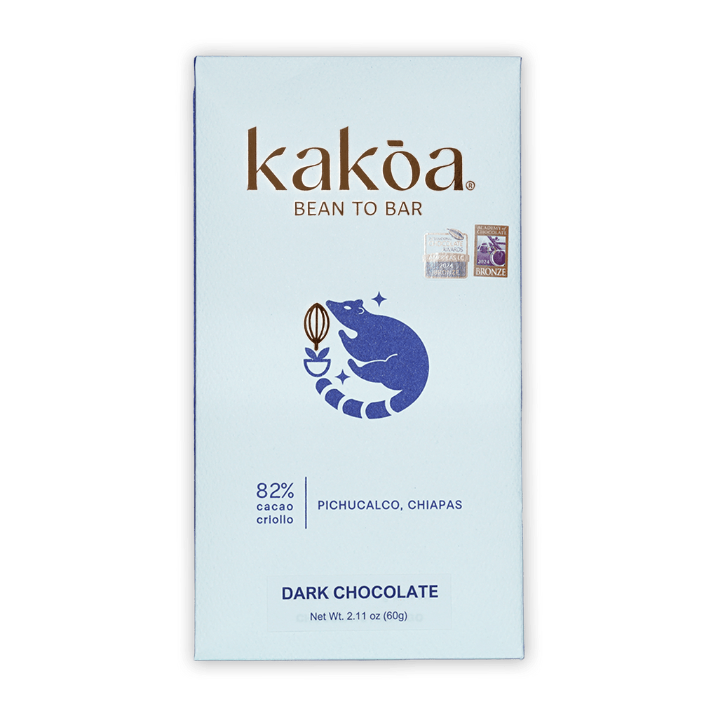Kakoa Dark Chocolate Criollo Pichucalco 82% white package with blue raccoon logo