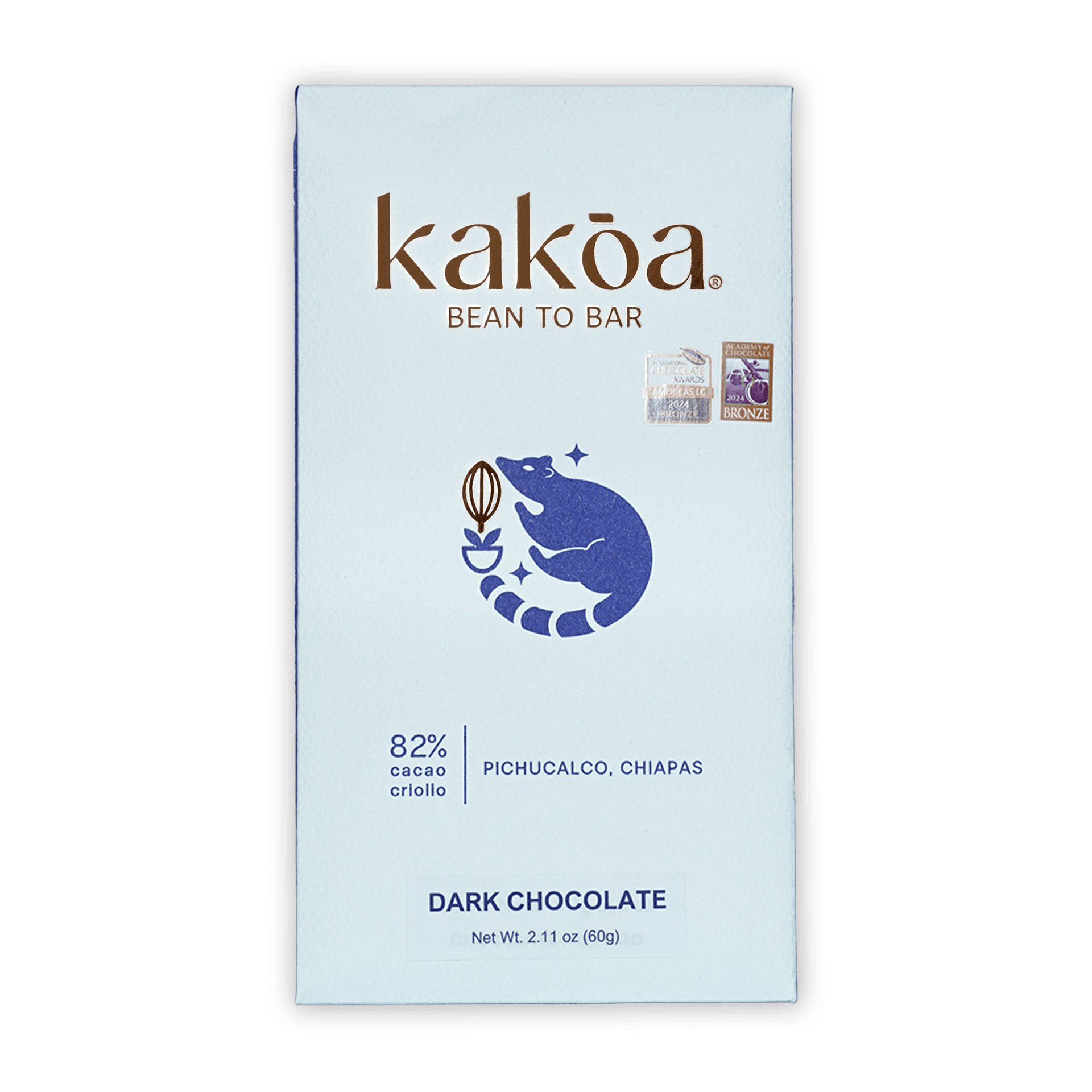 Kakoa Dark Chocolate Criollo Pichucalco 82% white package with blue raccoon logo