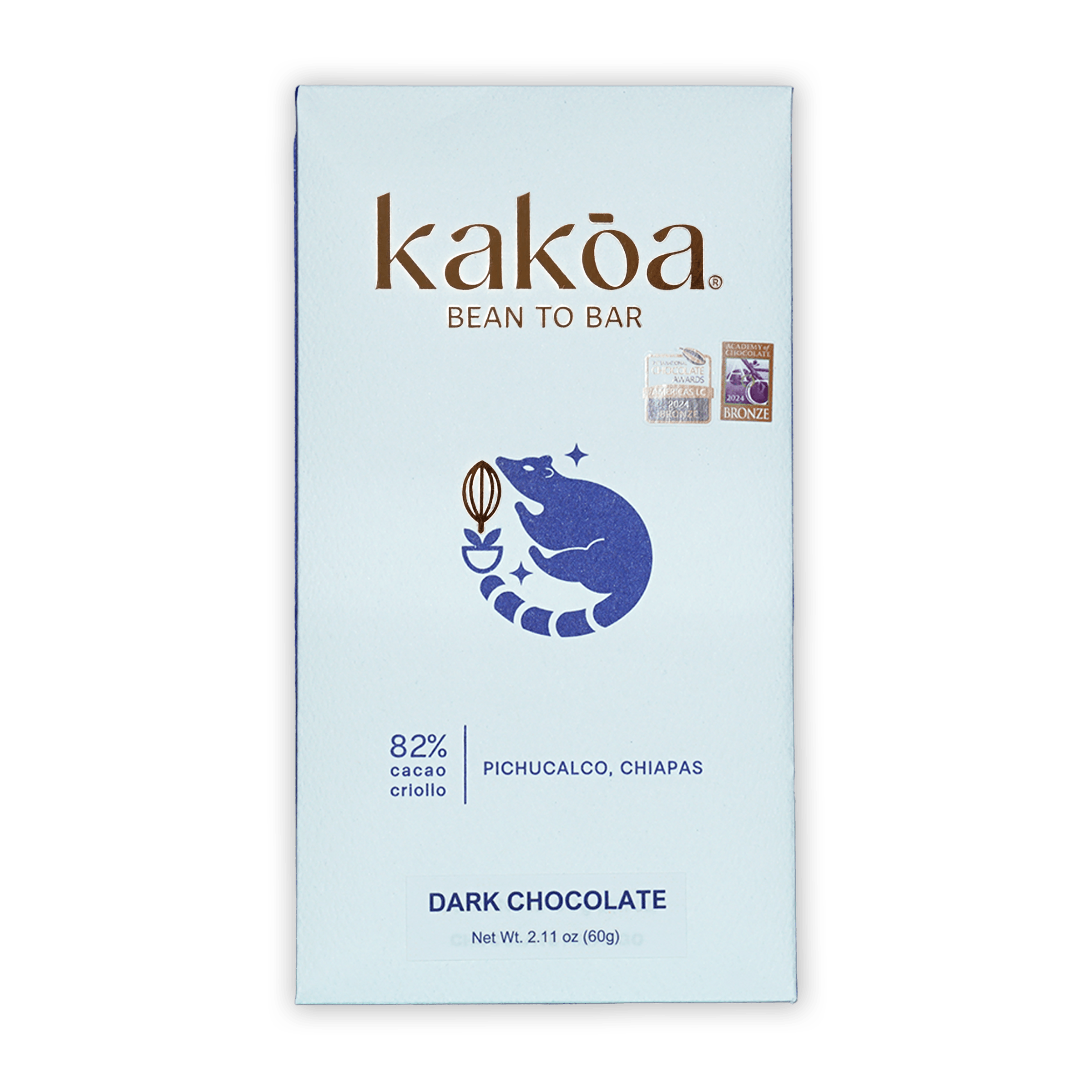 Kakoa Dark Chocolate Criollo Pichucalco 82% white package with blue raccoon logo