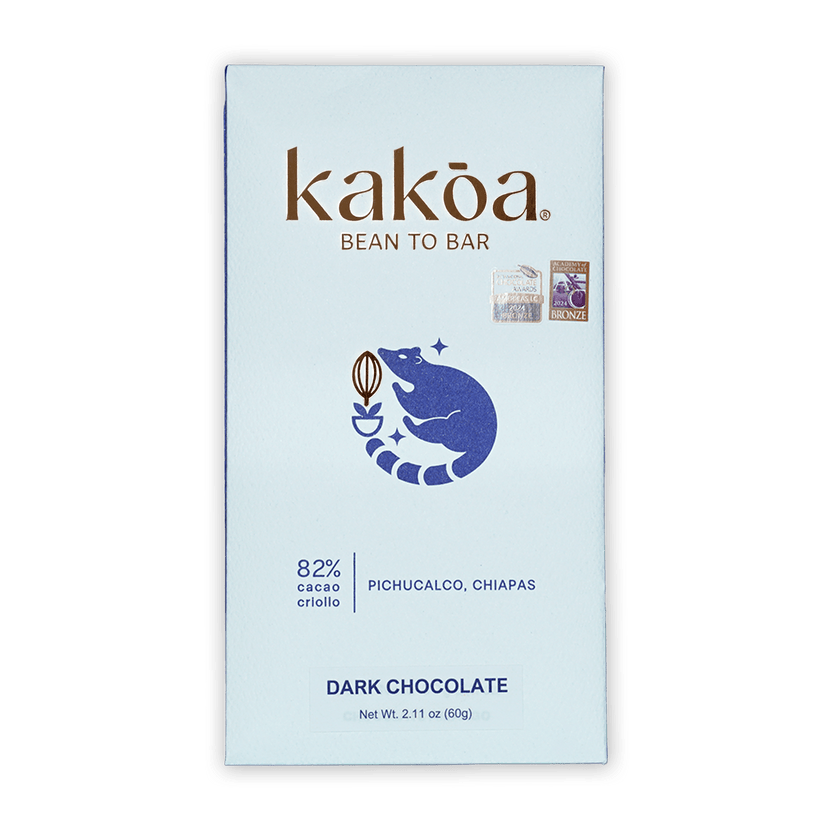 Kakoa Dark Chocolate Criollo Pichucalco 82% white package with blue raccoon logo