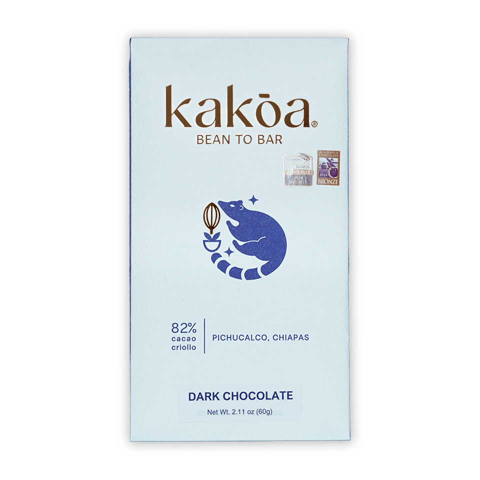 Kakoa Dark Chocolate Criollo Pichucalco 82% white package with blue raccoon logo