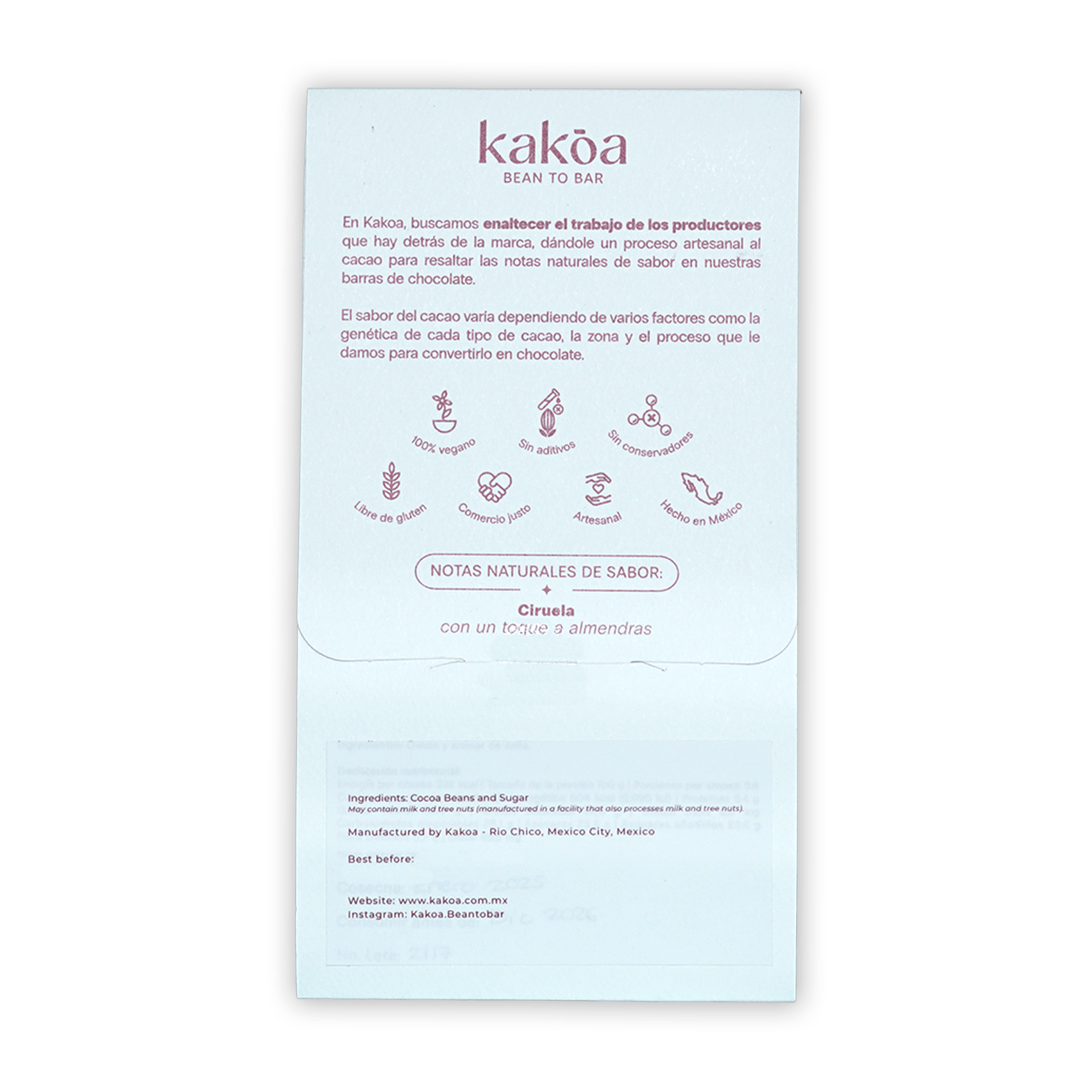 Kakoa Dark Chocolate Pichucalco 76% white vegan packaging with icons