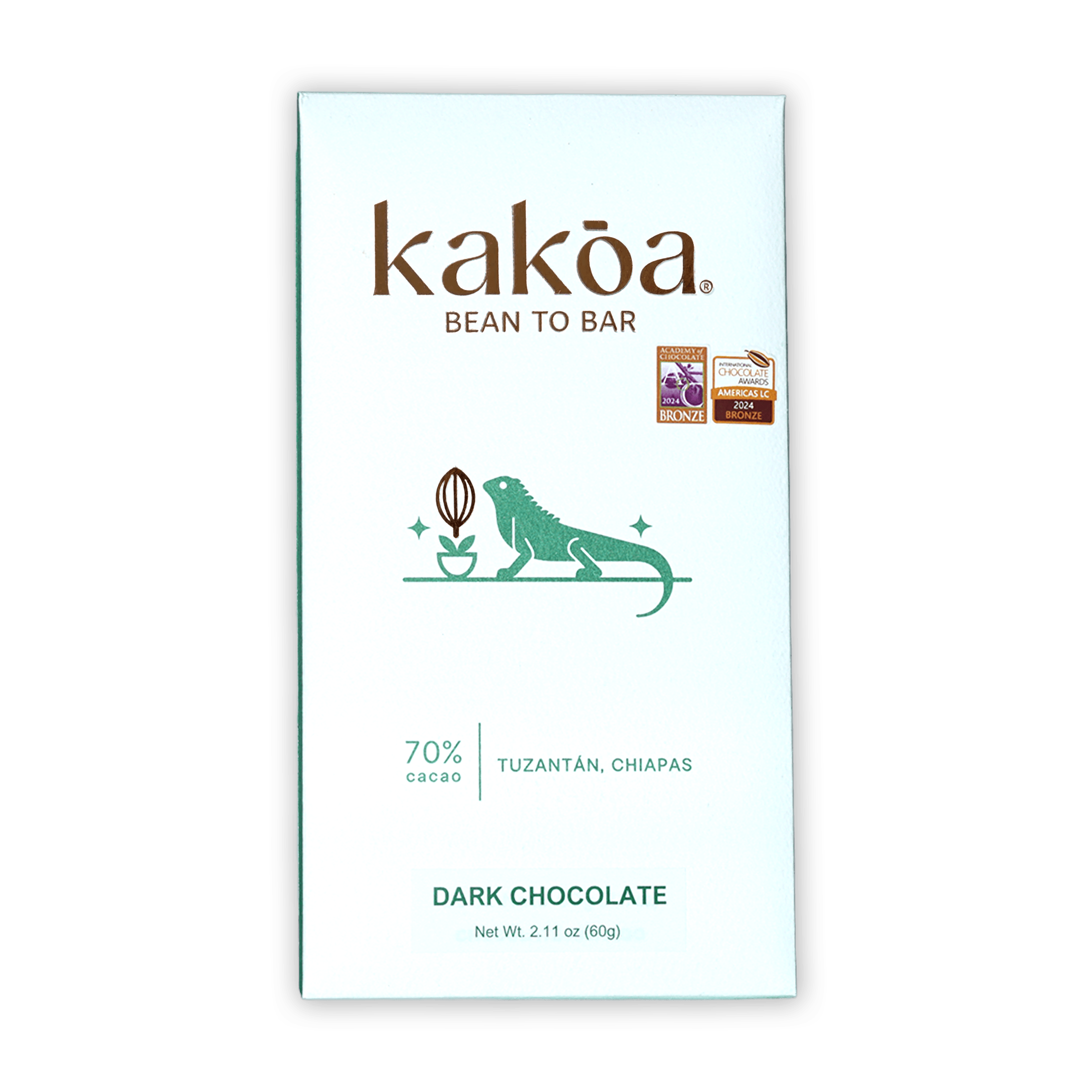 Kakoa Dark Chocolate Tuzantan Chiapas 70% with green iguana