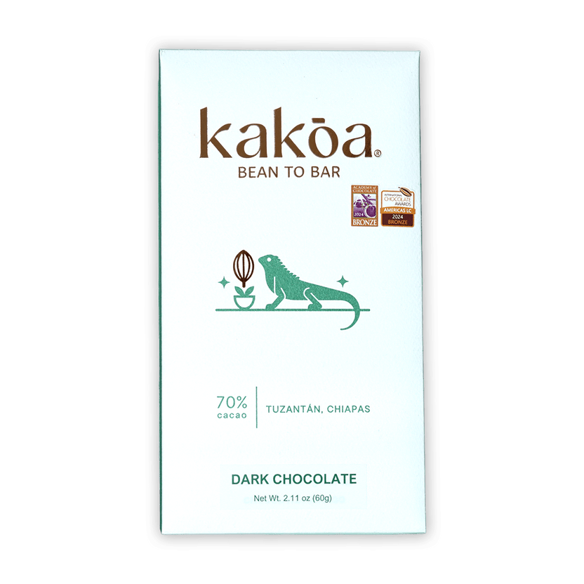 Kakoa Dark Chocolate Tuzantan Chiapas 70% with green iguana