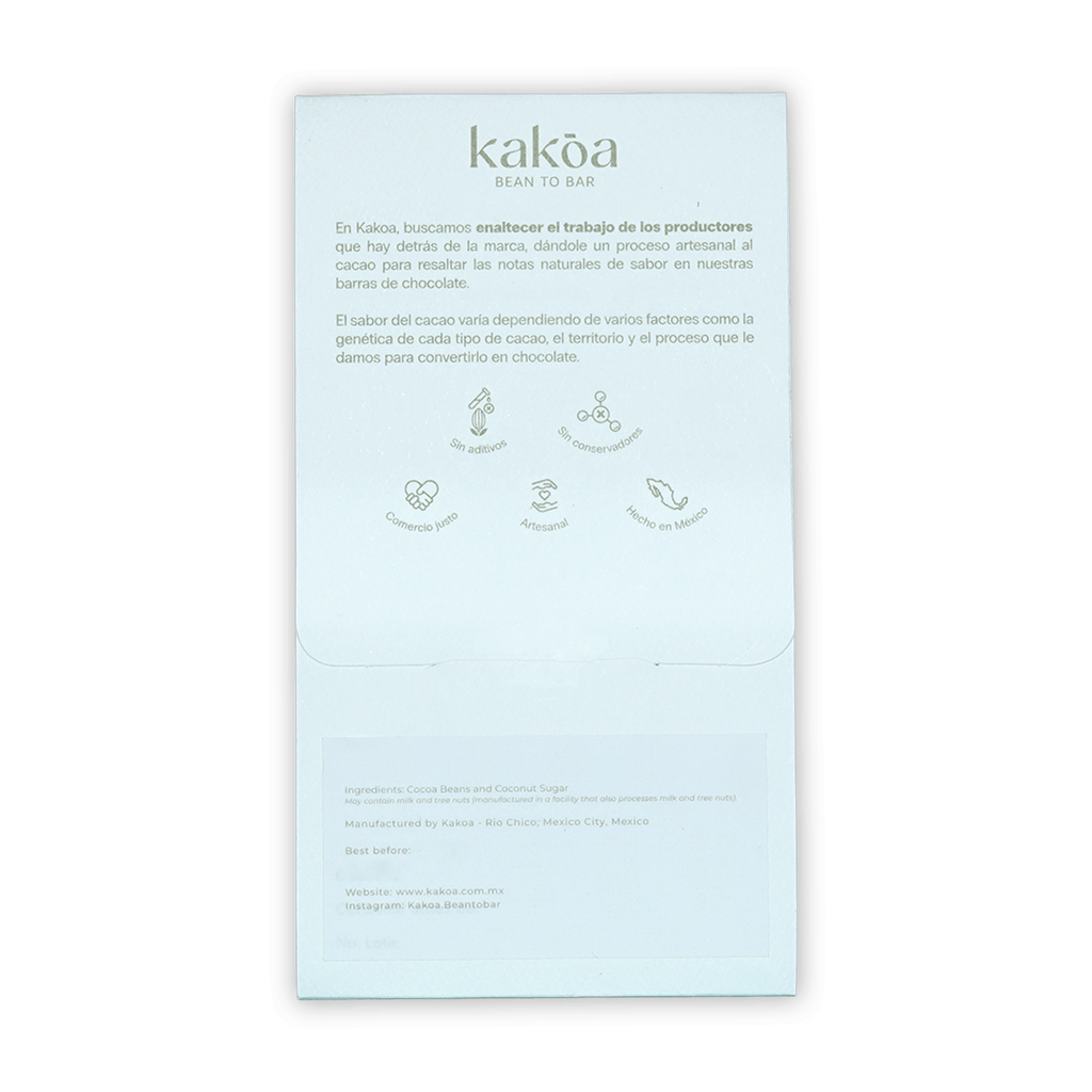 Kakoa 68% dark chocolate with coconut sugar white minimalist packaging