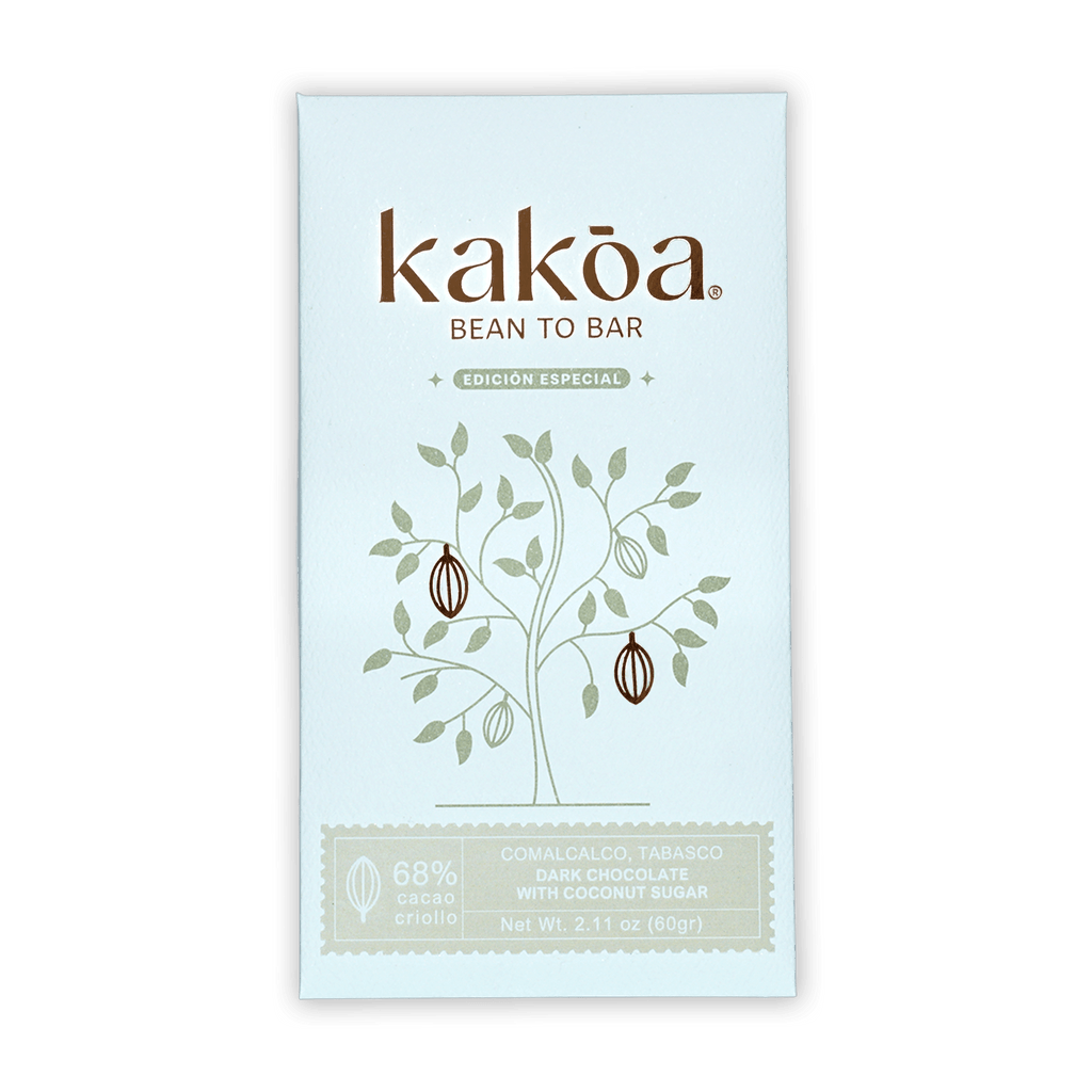 Kakoa 68% dark chocolate bar wrapper with cocoa tree and edición especial