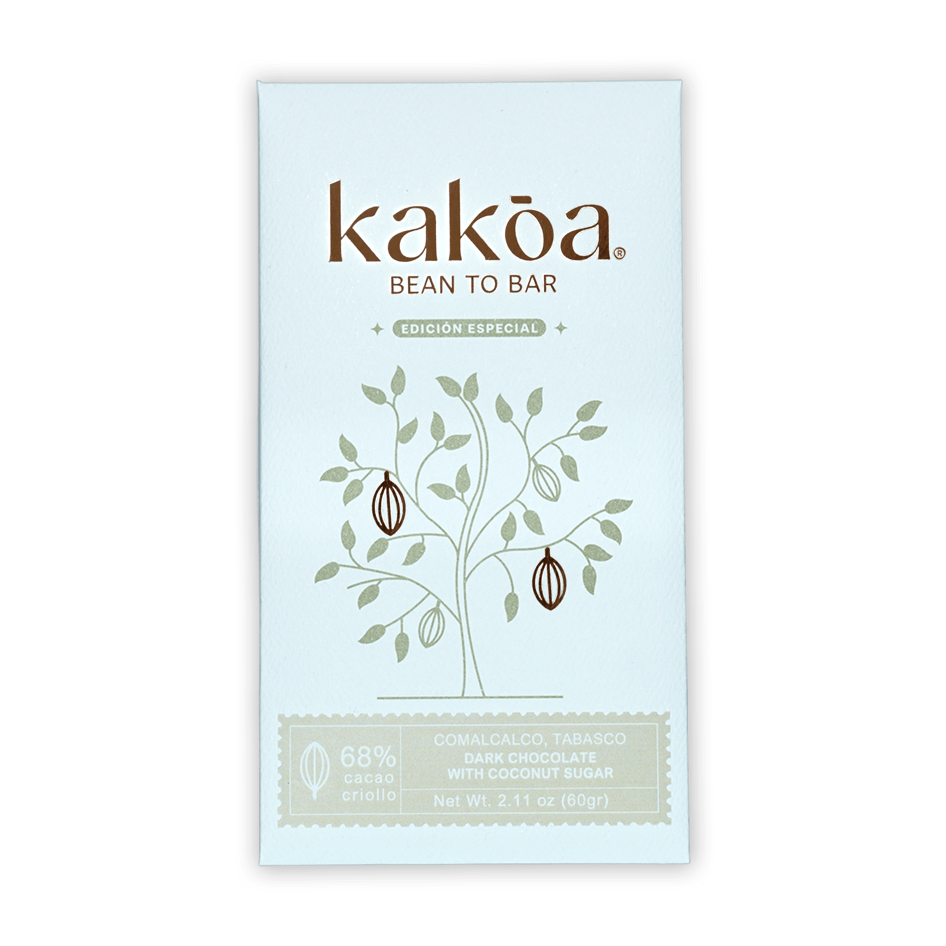 Kakoa 68% dark chocolate bar wrapper with cocoa tree and edición especial