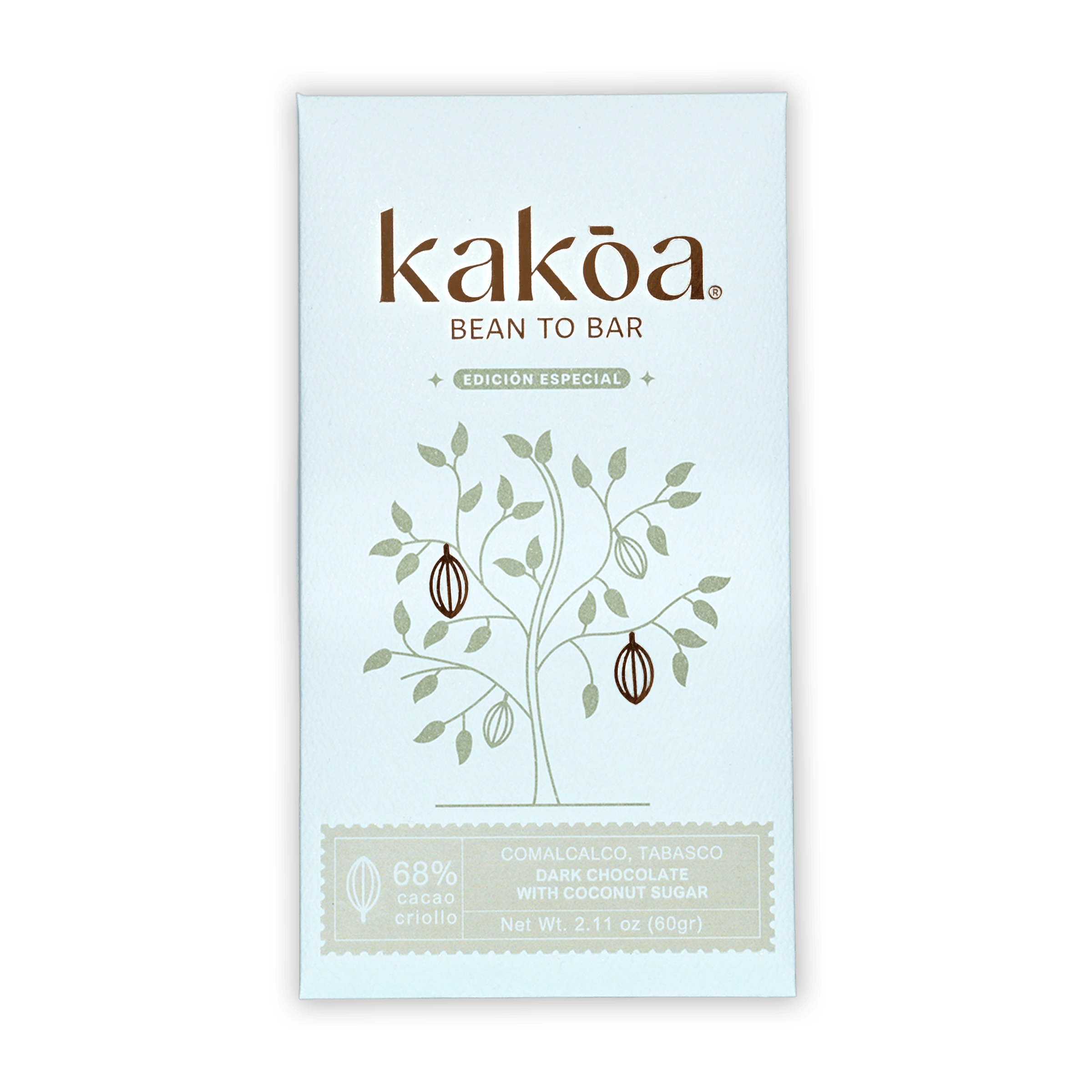 Kakoa 68% dark chocolate bar wrapper with cocoa tree and edición especial
