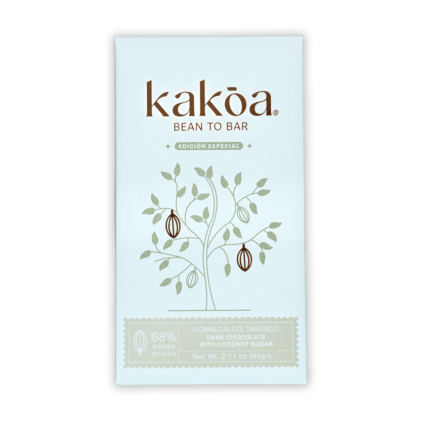 Kakoa 68% dark chocolate bar wrapper with cocoa tree and edición especial