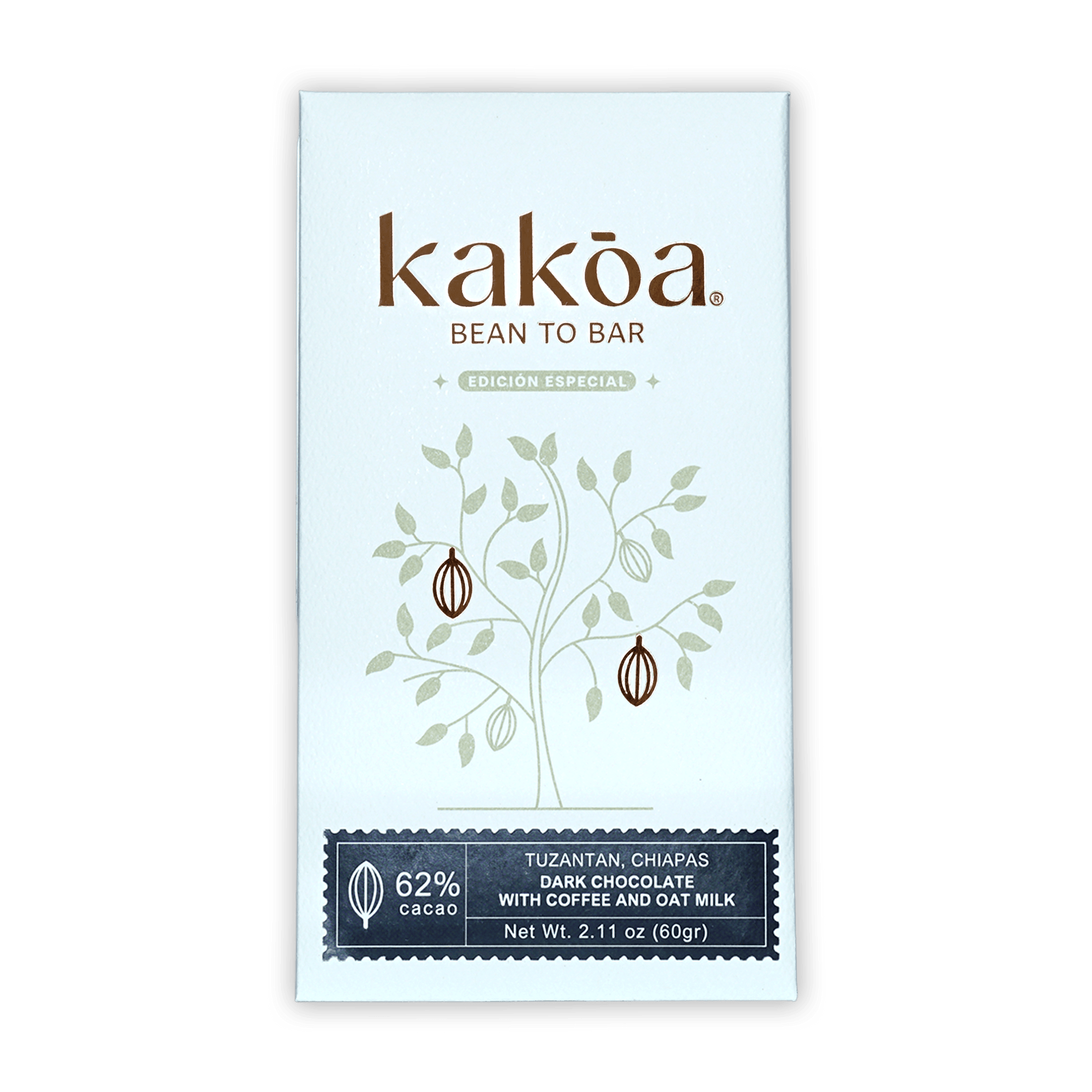 Kakoa 62% dark chocolate bar wrapper with coffee oat milk cacao pod design