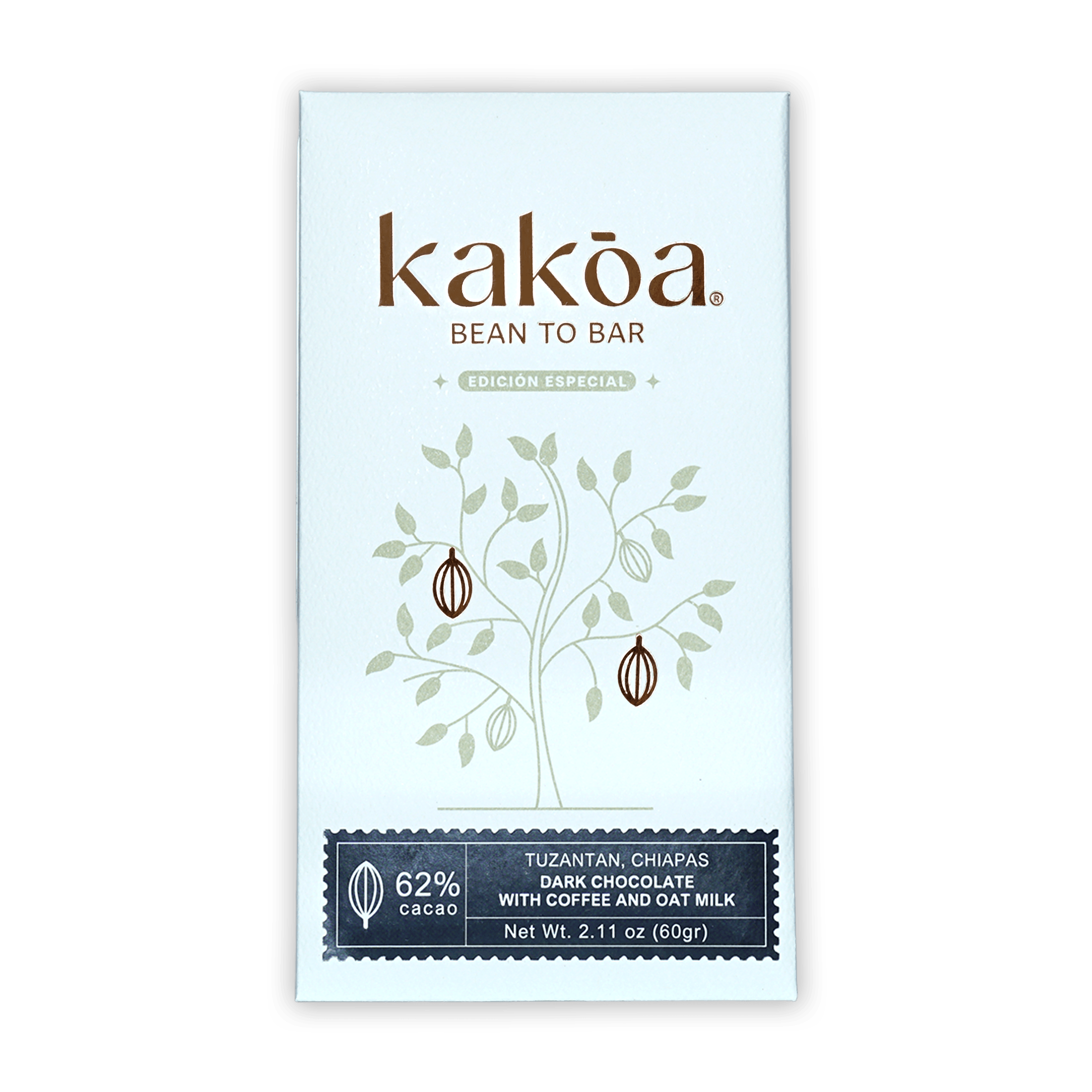 Kakoa 62% dark chocolate bar wrapper with coffee oat milk cacao pod design